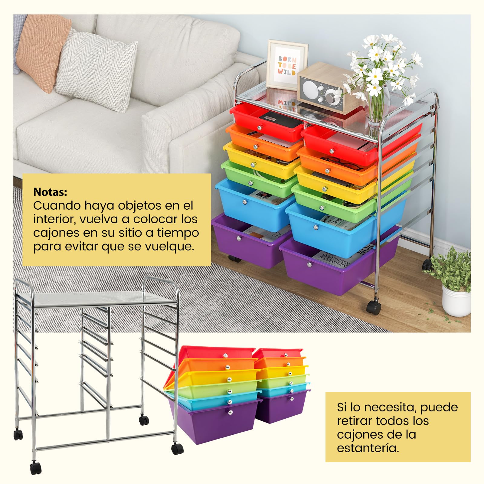 COSTWAY Carrito Auxiliar con Ruedas, Mueble Auxiliar Cocina con 12 Cajones Apilables, Carrito Organizador de Estructura Metálica, Carro Servicio para Cocina Oficina, Baño (Color Claro)