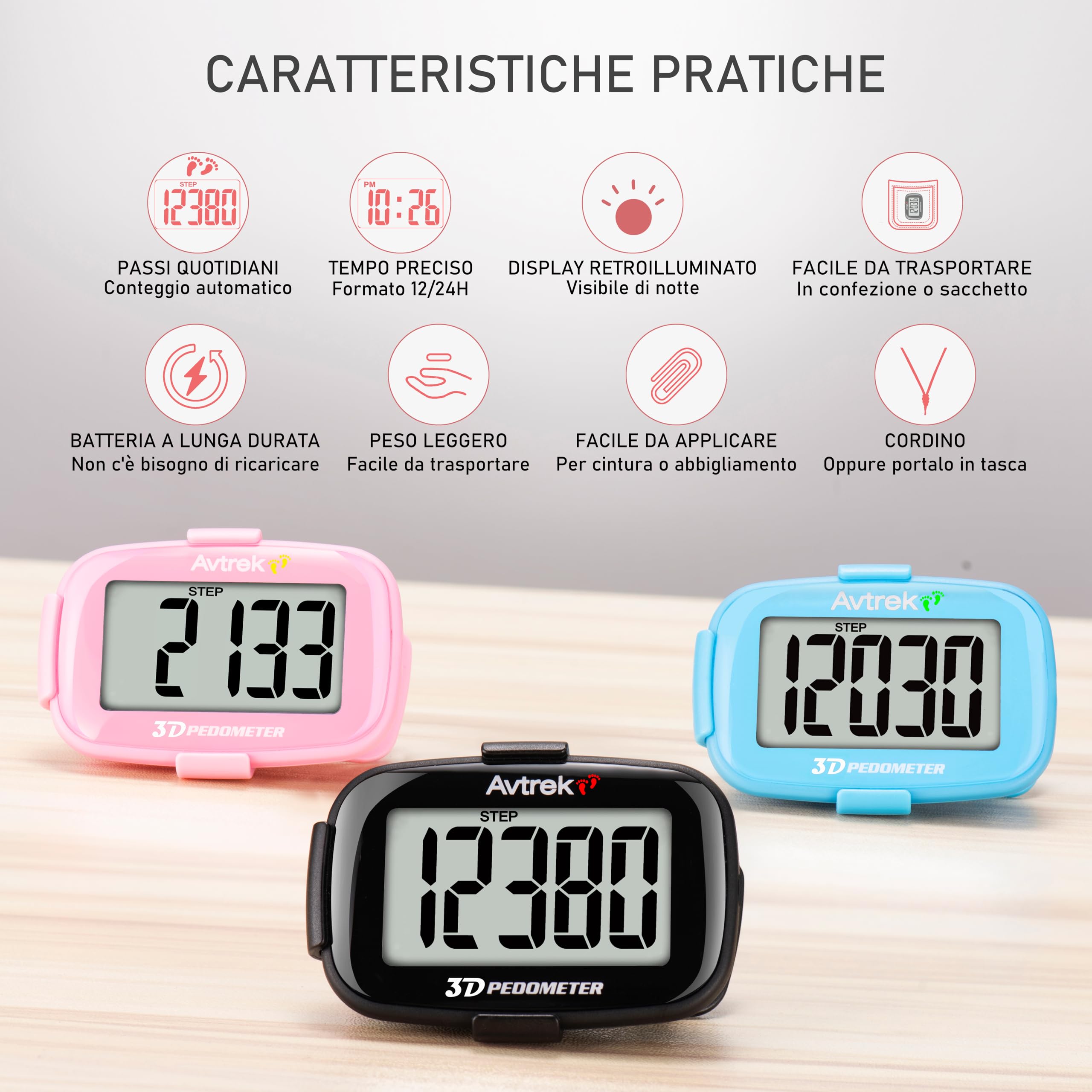 Avtrek Pedometro con contapassi, con funzione di conteggio dei passi,  display retroilluminato e visualizzazione dell'ora (blu) : Amazon.it: Sport  e tempo libero