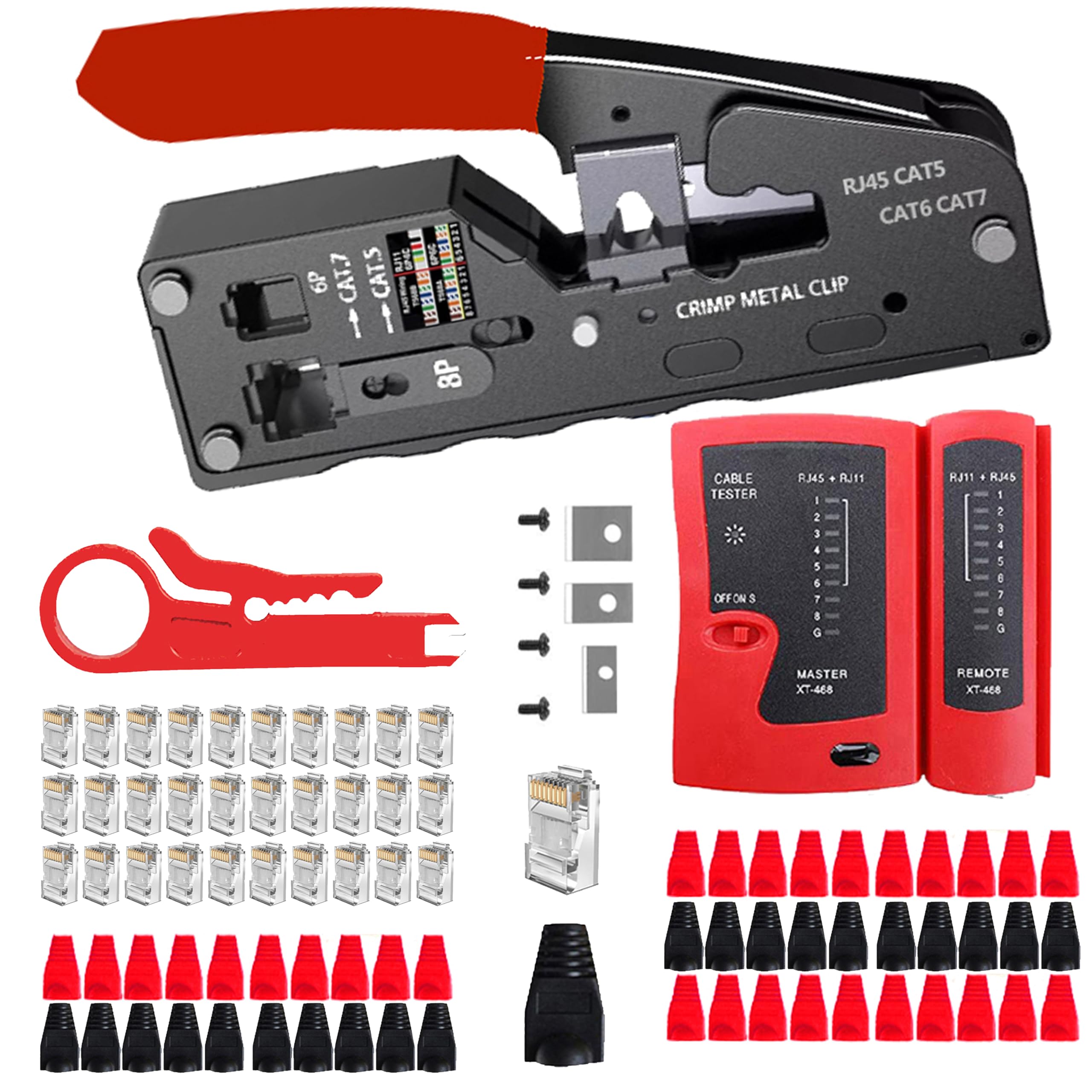 TAIWAIN Kit d'outils de sertissage CAT5/CAT6, RJ45/RJ12/RJ11 professionnel pour réparation de fils, testeur de câble LAN, kit de sertissage Ethernet, connecteurs passe-câbles Cat5 (rouge)