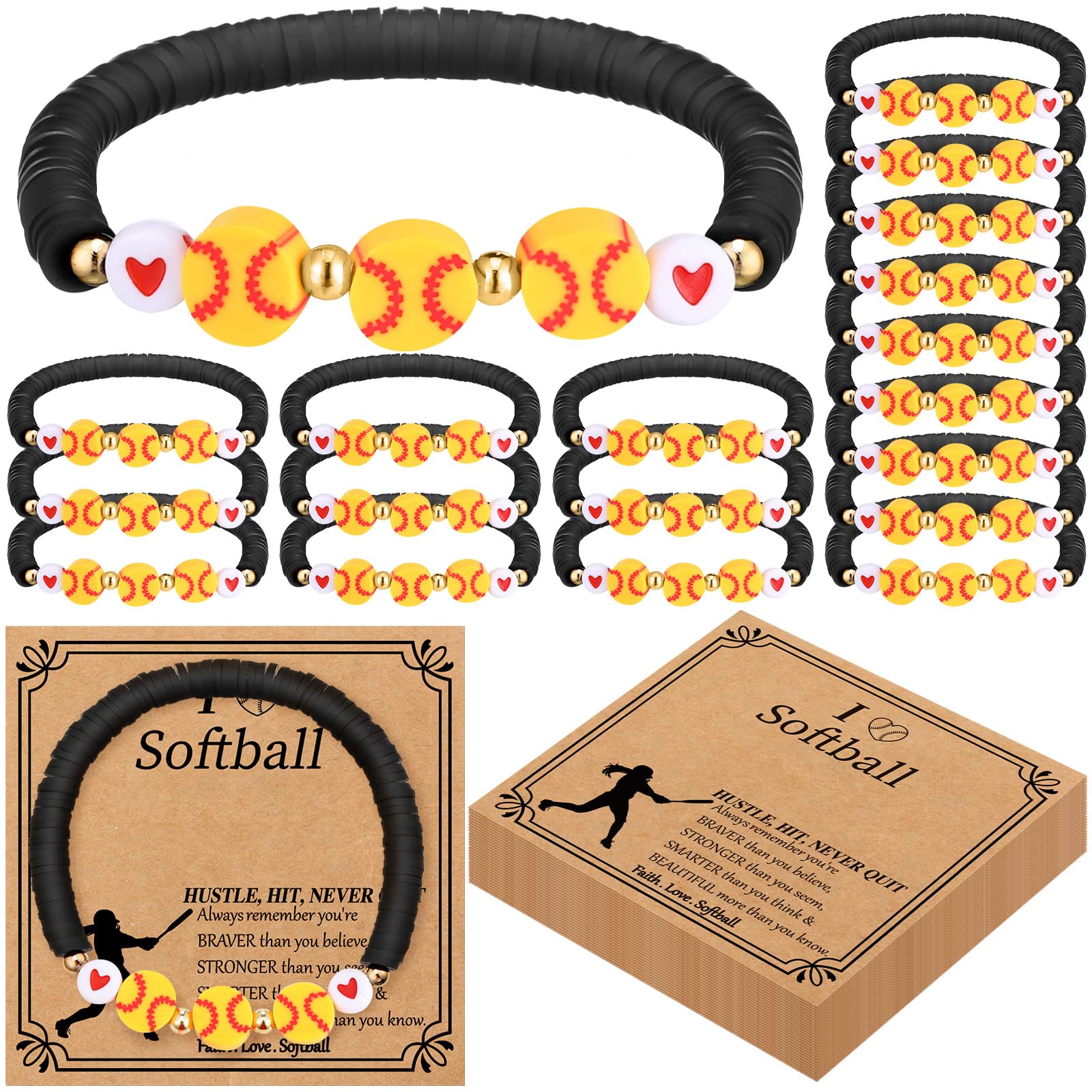 Ecation 20 Set Softball Bracelets Team Gift Bulk Softball Senior Night Adjustable Bead Ball Charm Bracelet with Inspirational Card for Sport Team Sport Lovers Player Gifts Birthday Party