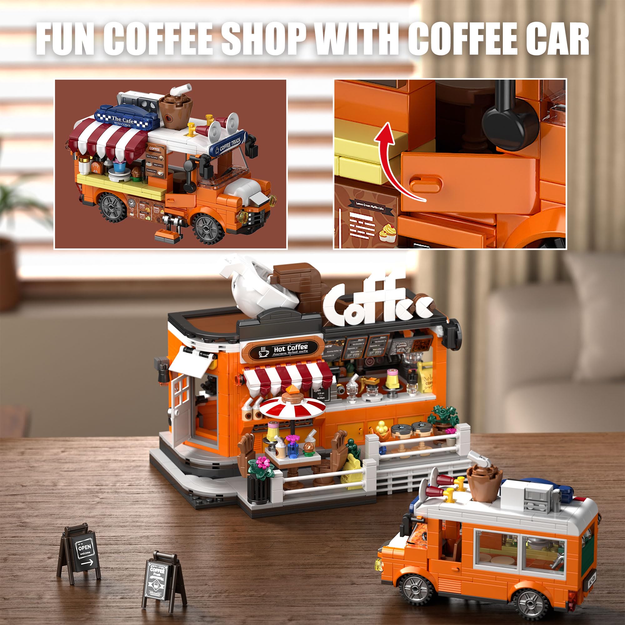 TYCOLE Stadtkaffeehaus Bausteinset, 1185 Teile, Café-Laden-Bauspielzeug mit beweglichem Kaffeewagen, STEM-Konstruktionsspielzeugmodell, Geburtstagsgeschenk für Erwachsene,Jungen und Mädchen von 6-12