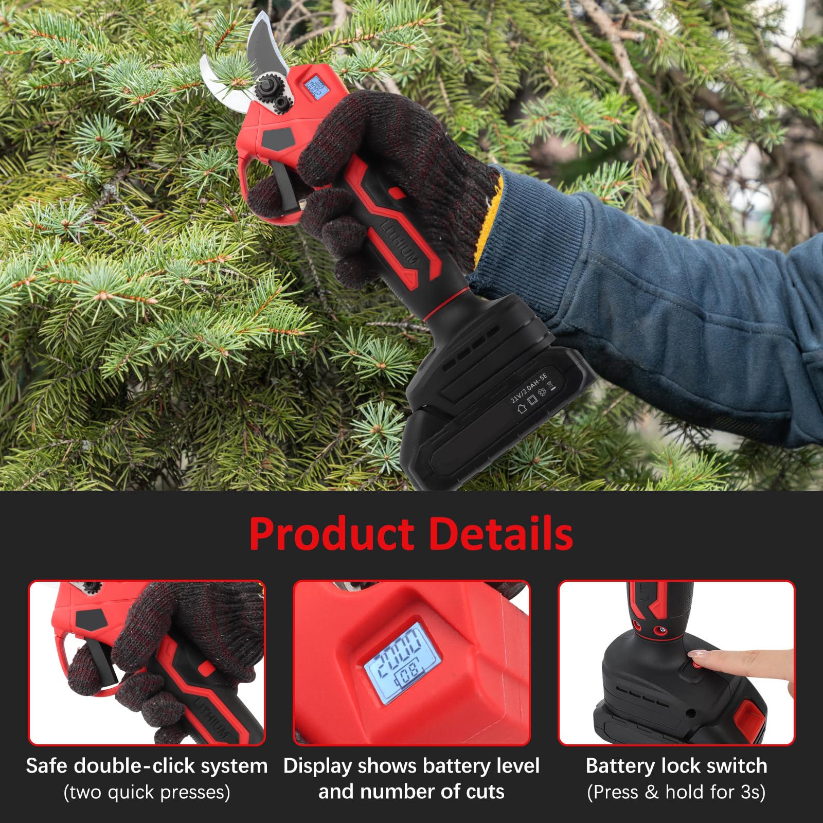 Tijeras eléctricas de jardín con batería de 2000 mAh, motor sin escobillas, bypass y contador LED para mujeres y hombres
