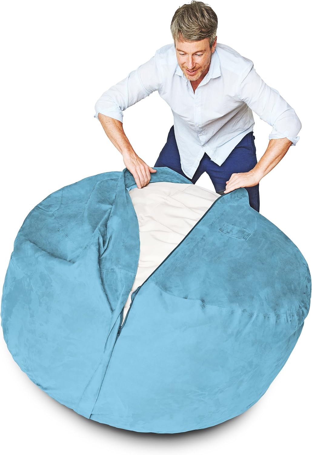Lumaland Luxurious 3ft Medium Bean Bag Chair with Microsuede Cover - Soft, Foam Filling, Washable Bean Bag Sofa for Adults, Teenagers, Kids, Pets - Sack Chair for Living Room, Bedroom - Light Blue
