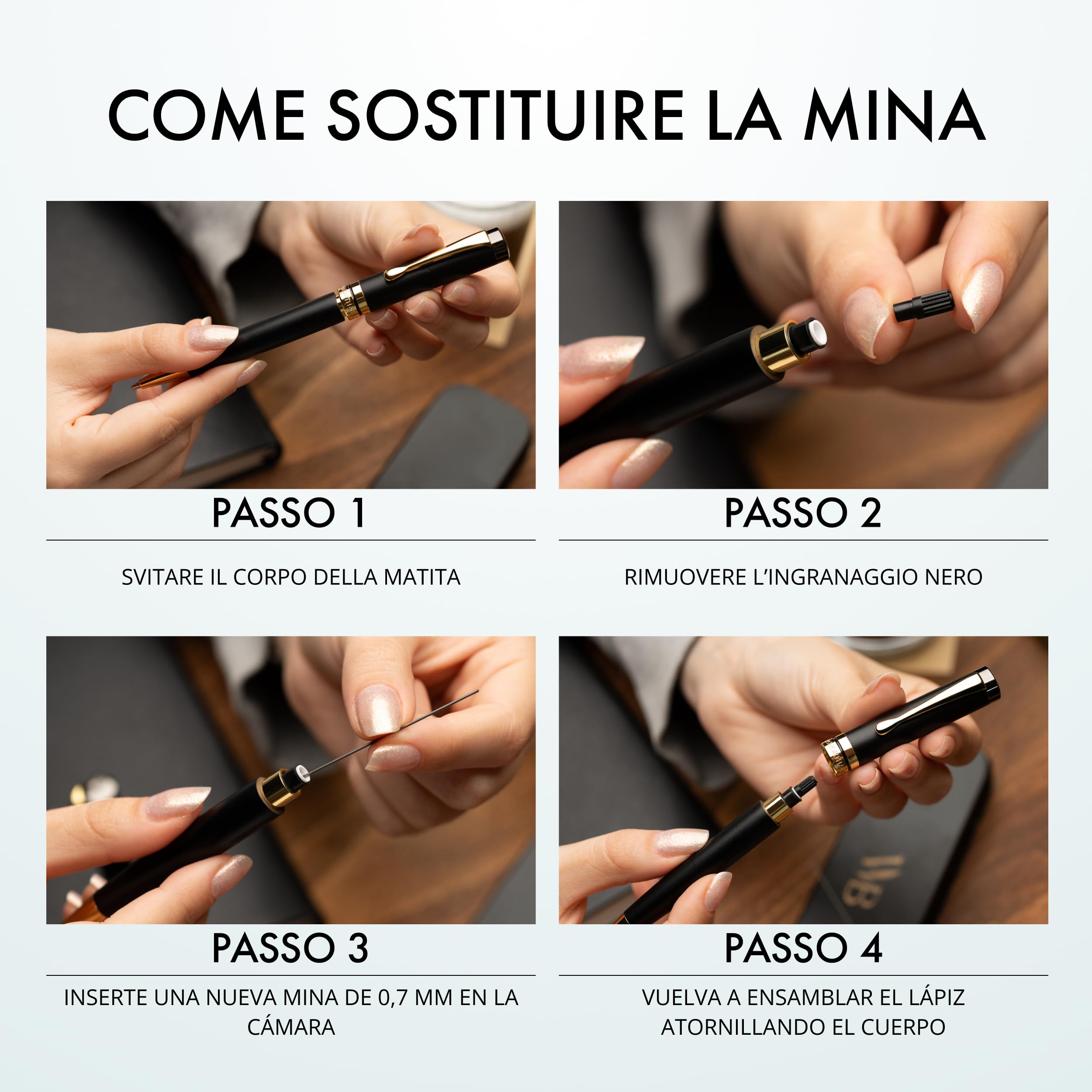 Wordsworth & Black Set Matita a Scatto Bambù 0,7mm – Meccanismo Rotazione – Scrittura e Disegno Professionale – 20 Mine HB, Confezione Regalo [Legno Nero]