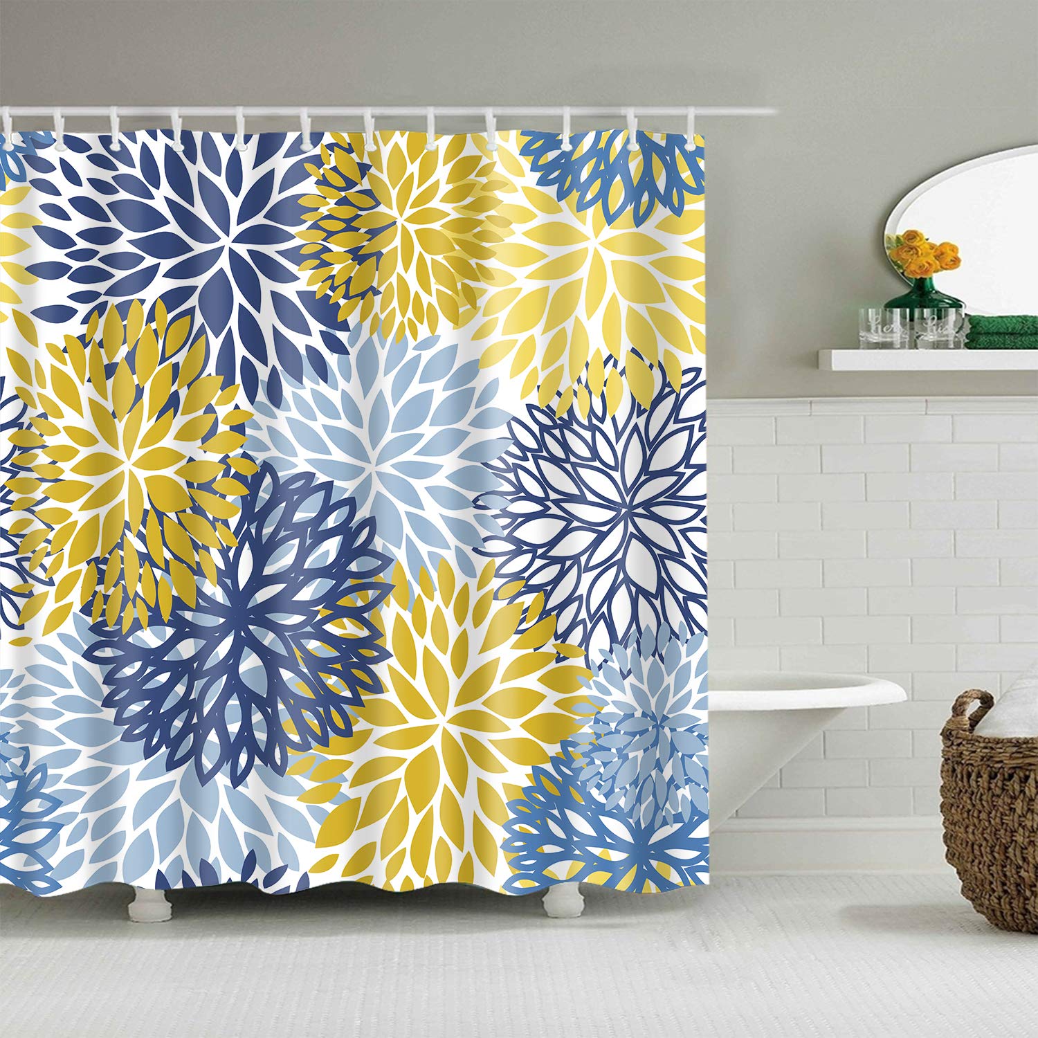 StoneMaxi 180x180cm Flower Shower Curtain for Bathroom, 100% Polyester Fabric Waterproof Anti-Mould Proof Resistant, Quick-Drying, Washable with 12 Pcs Hooks (71 x 71 Inch) (Chrysanthemum)