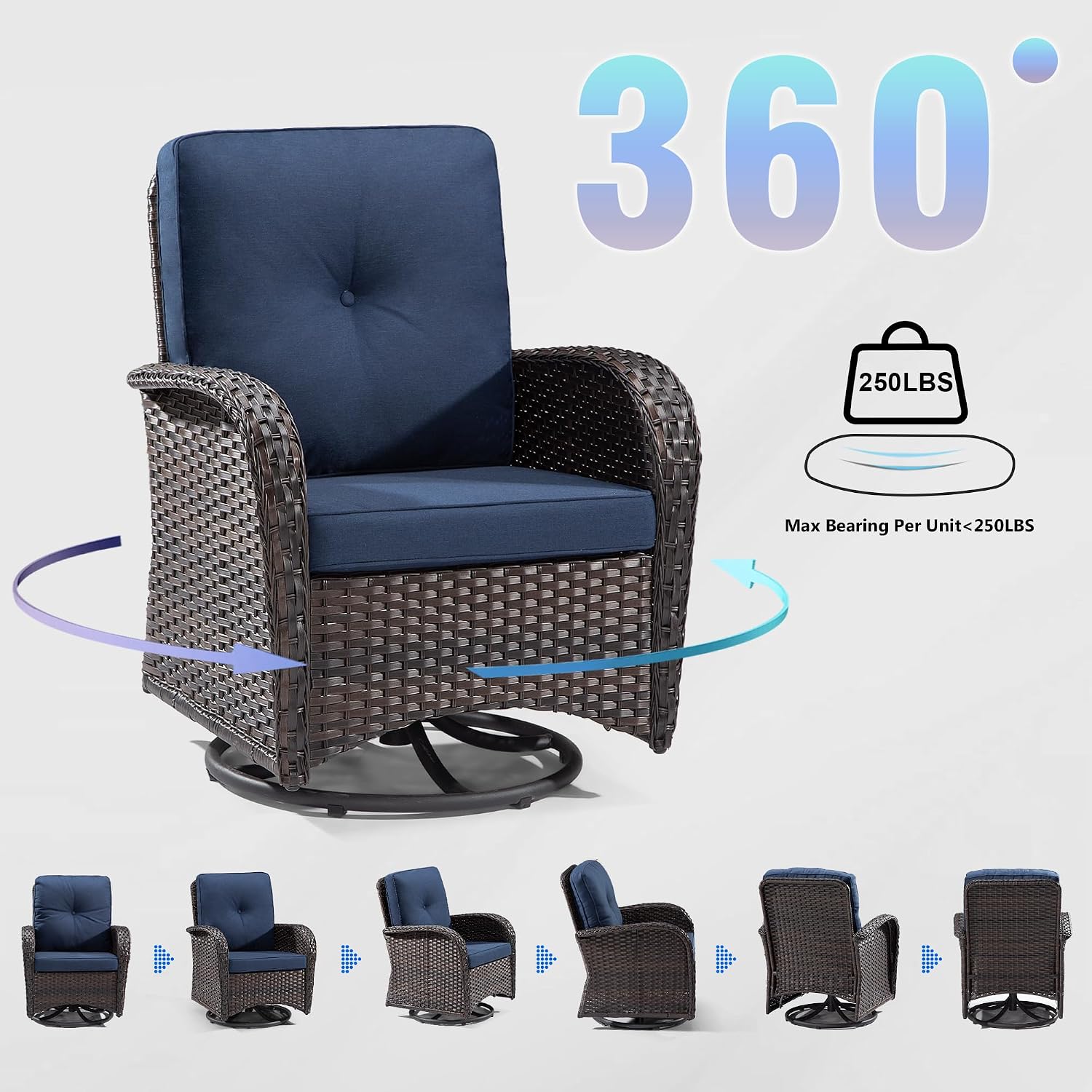 Patio Swivel Glider Wicker Chairs - Outdoor Swivel Rocking Chairs Set of 4 with 2 Wicker Side Tables, Patio Swivel Rocker Chair 6 Piece Patio Furniture Sets for Patio Porch Deck(Brown/Blue)