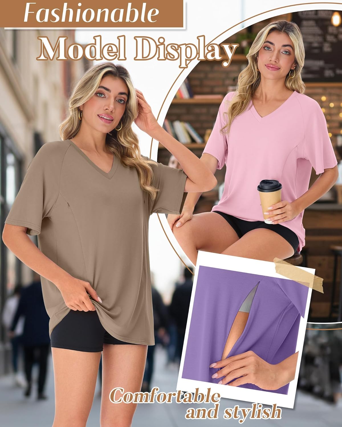 3 Pack Women's Oversized Nursing Shirts with Hidden Zip Breastfeeding Tops Short Sleeve Raglan Maternity Clothes
