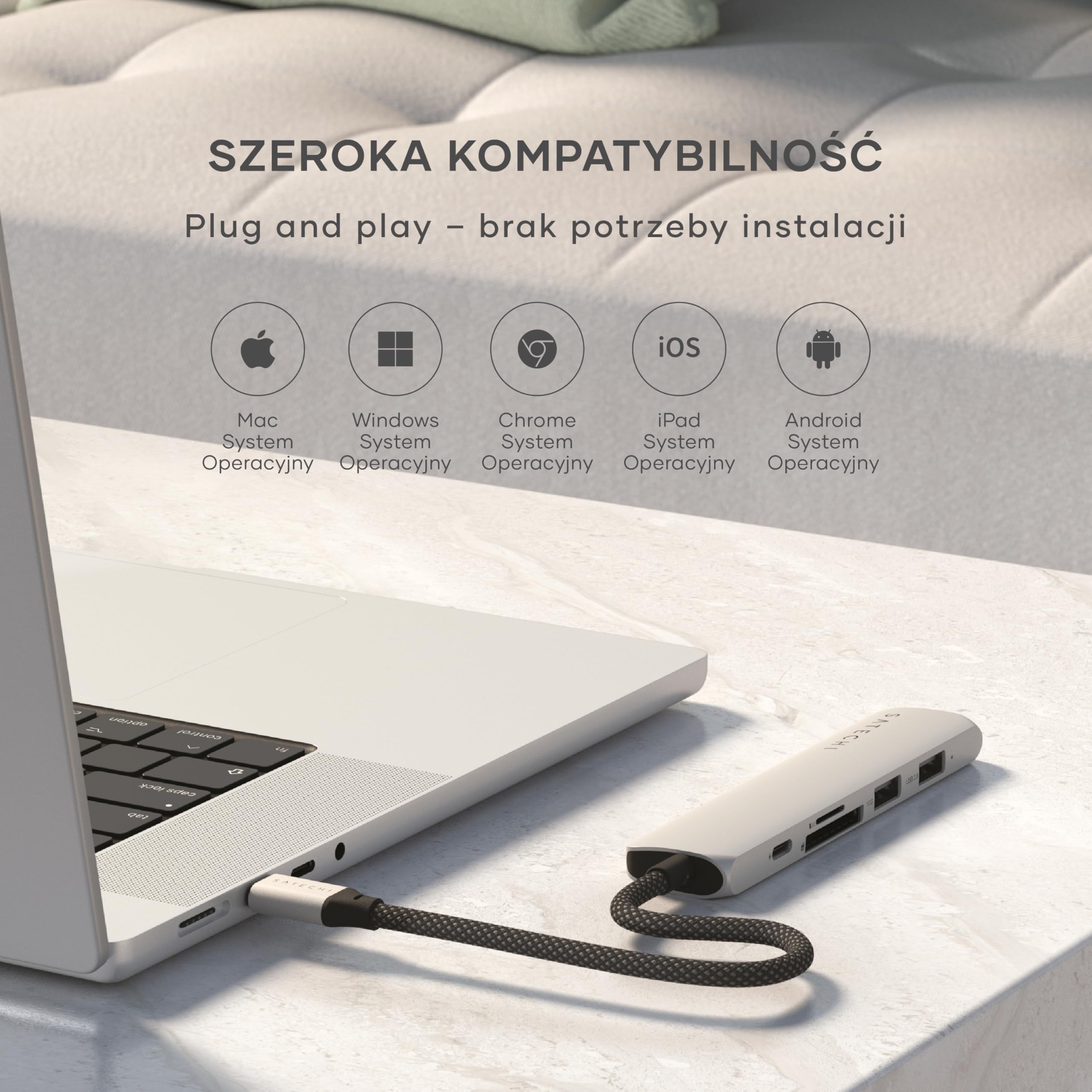SATECHI hub USB-C Slim Plus 6 w 1, srebrny | PD 100 W, HDMI 4K@60 Hz, 2 porty USB-A i czytniki kart SD/microSD; zgodność z MacBookiem Air/Pro/Neo i komputerami z Windows
