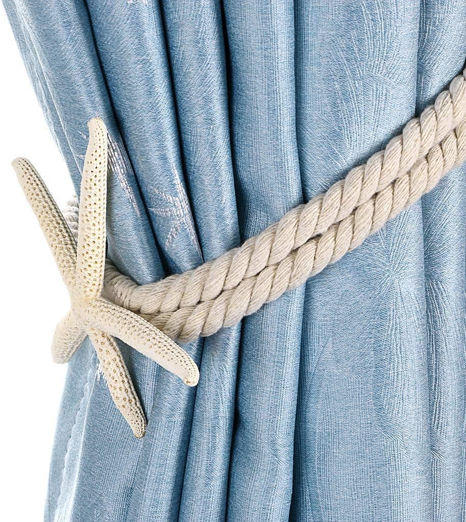 2 Pcs Natural Starfish Curtain Tiebacks, Handmade Woven Rope Curtain Curtain Ties Blinds Accessories for Outdoor, Home, Office, Hotel, Living Room Curtain Decoration (Five-Fingered Starfish)