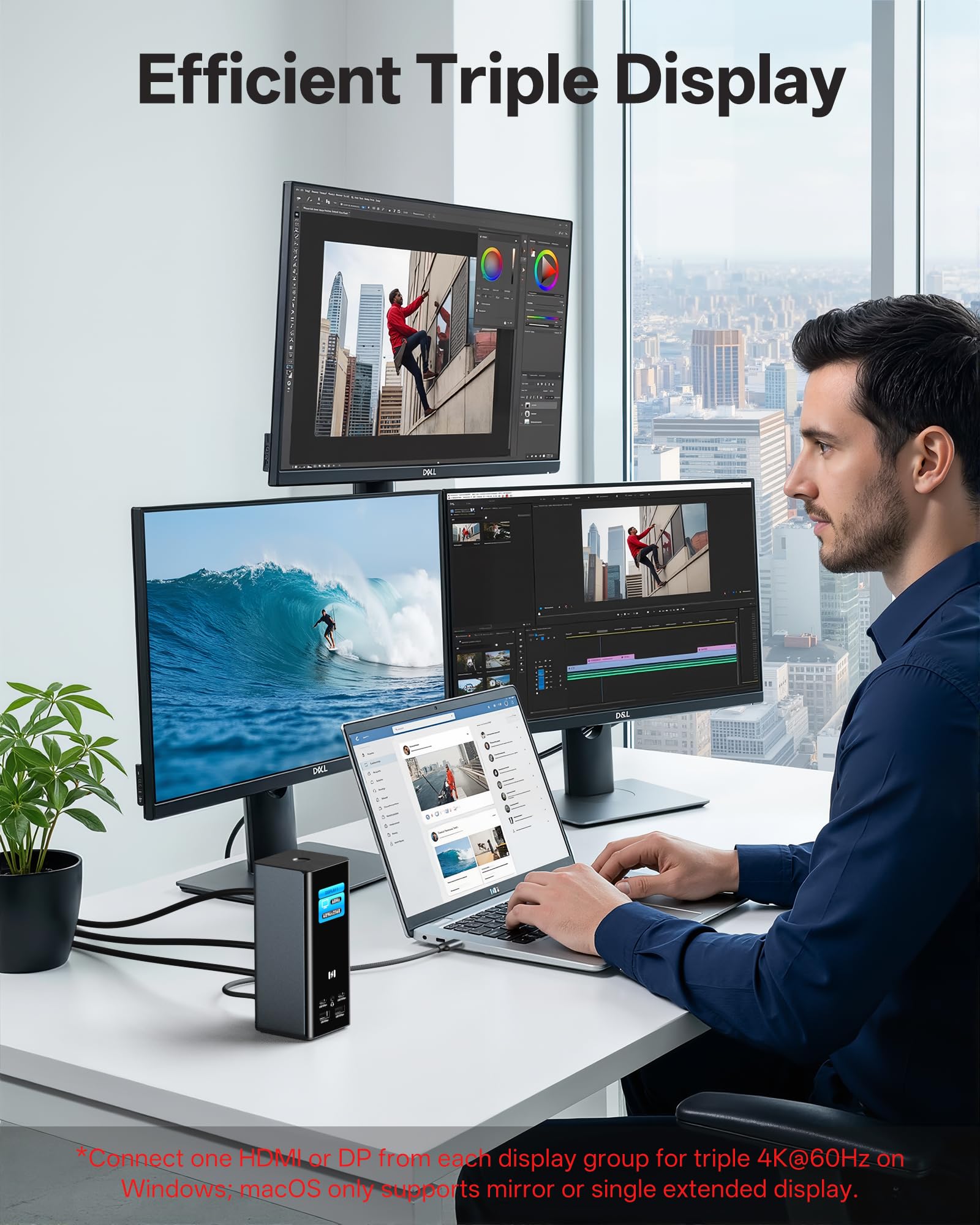 Selore Station d'accueil pour ordinateur portable 3 moniteurs, triple écran 4K 3 HDMI 2 DP, écran intelligent avec météo, 100 W PD, 10 Gbit/s USB A/C, Gigabit Ethernet, lecteur SD/microSD pour Dell/HP