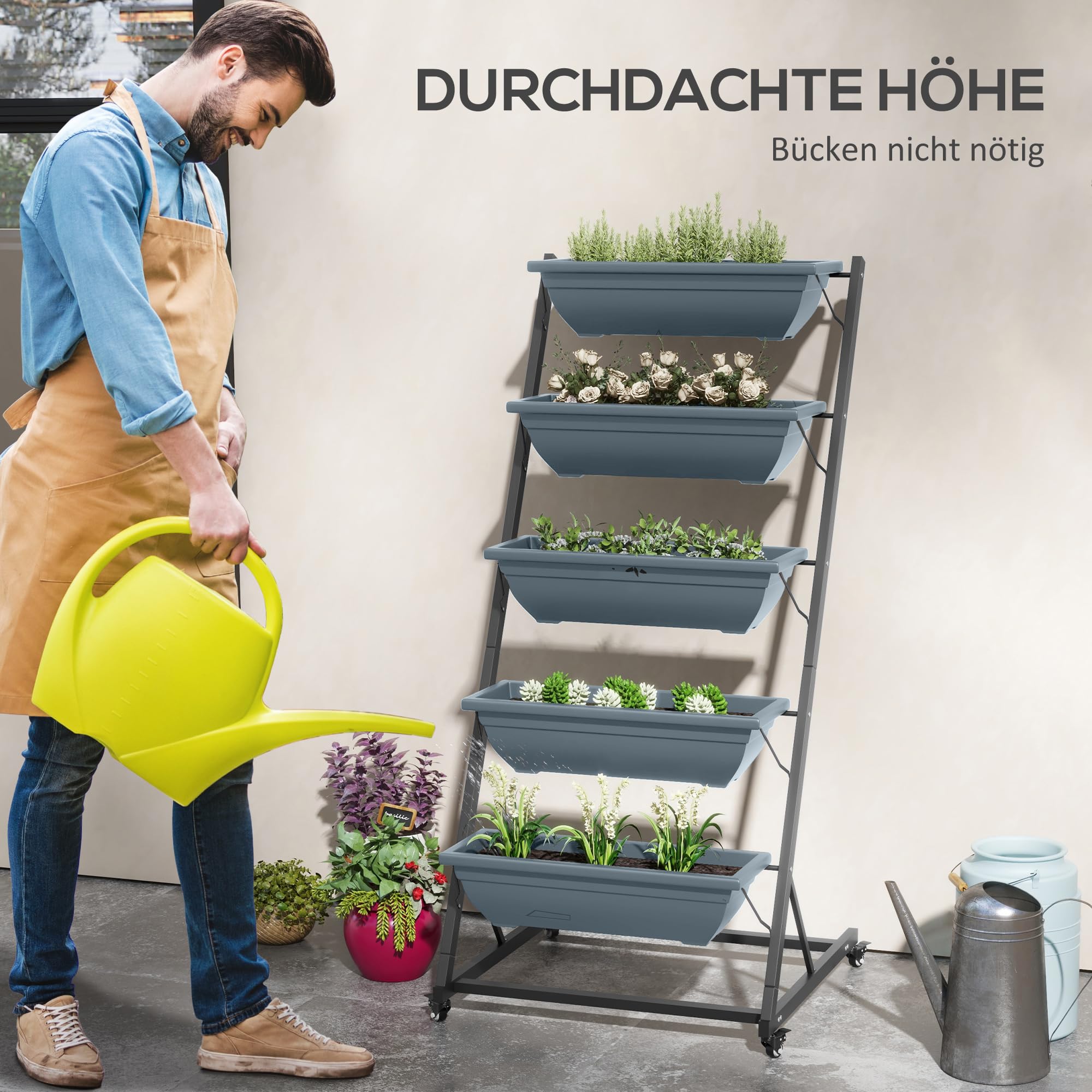 Outsunny 5-Etagen Pflanzenständer, 145 cm hoch Blumenständer mit Rollen Töpfe, Pflanzenregal aus Stahl, mehrstöckig Blumenregal, Blumentreppe Blumentopfständer für Garten Balkon, Grau