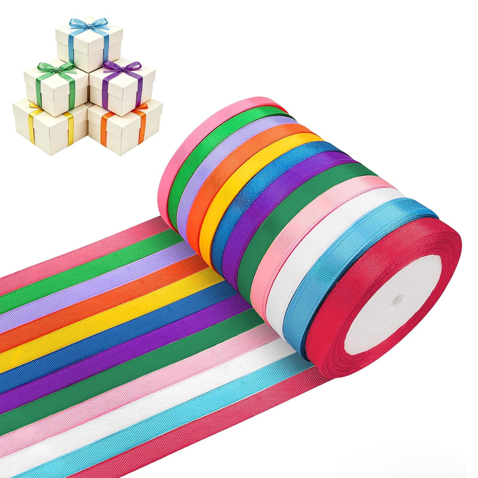HAGOT 12 Colours Satin Ribbon Set, 6mm x 22m Each Gift Wrapping Ribbon, Multicolor Polyester Fabric Ribbons for Wedding, Birthday Party, Christmas, Balloons, Bows & DIY Crafts