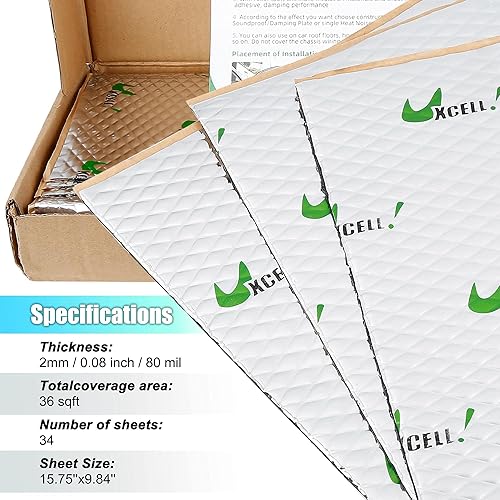 Miniatura 6 de uxcell 34 unids 80mil 36sqft coche amortiguador de sonido aislamiento térmico almohadilla butilo amortiguamiento autoadhesivo material de
