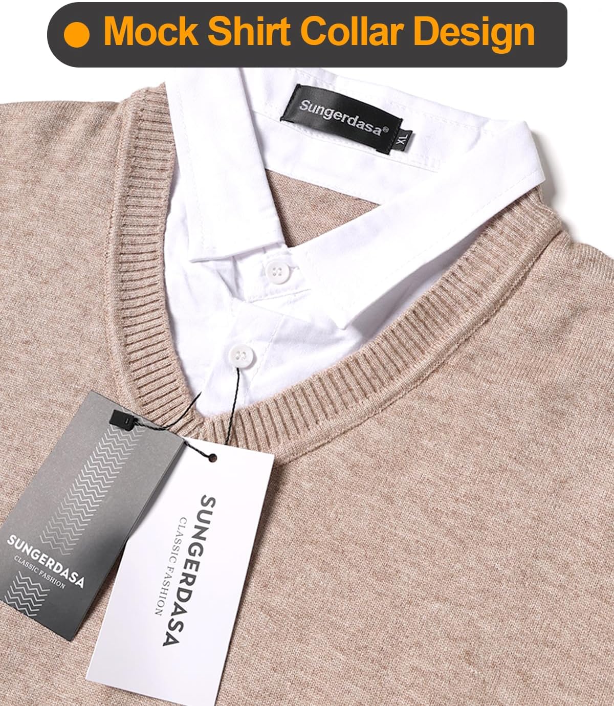 Men's Sweater with Mock Shirts Collar 2 in 1 V-Neck Knitted Pullover Classic Solid Sweaters - Image 4