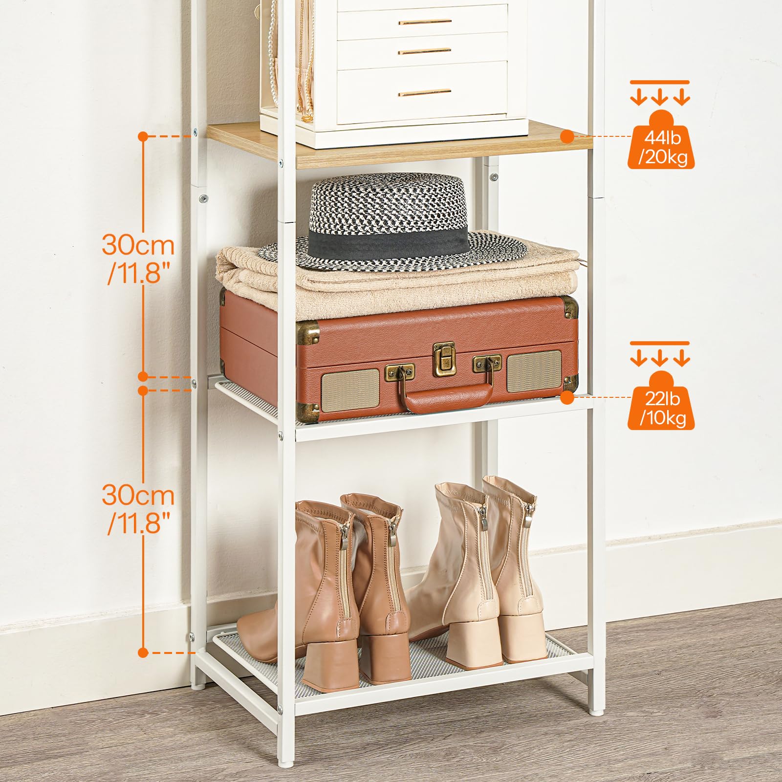 HOOBRO Garderobenständer, Garderobe mit Schuhregalen, Aufbewahrungsregal, Garderobe mit 3 Regalen, Vielseitiger Kleiderständer mit Schuh-Organizer, Weiß und Holzfarbe EWN04YM01