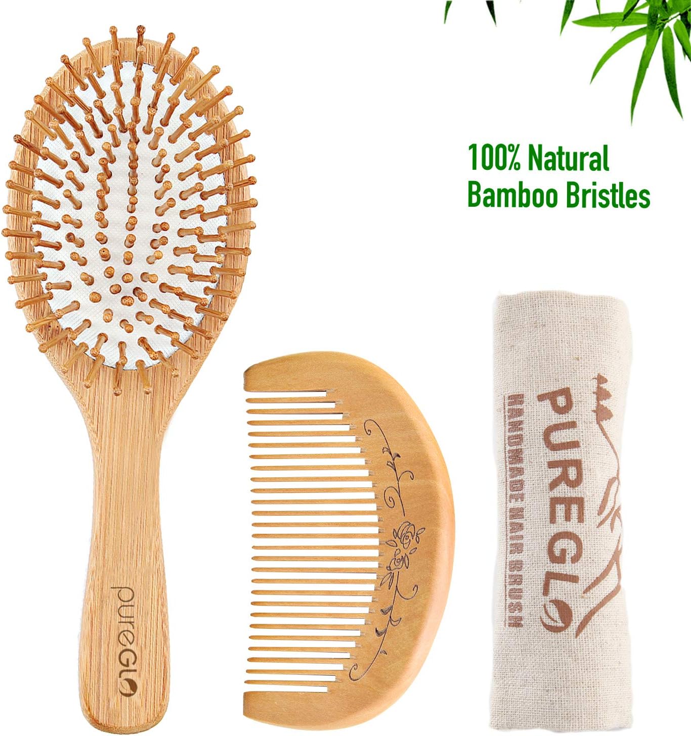 Natural Wooden Hair Brush – pureGLO Bamboo Bristle Detangling Hairbrush for Women Men and Kids - Reduce Frizz, Massage Scalp for Straight Curly Wavy Dry Wet Thick or Fine Hair (Brush set 2)
