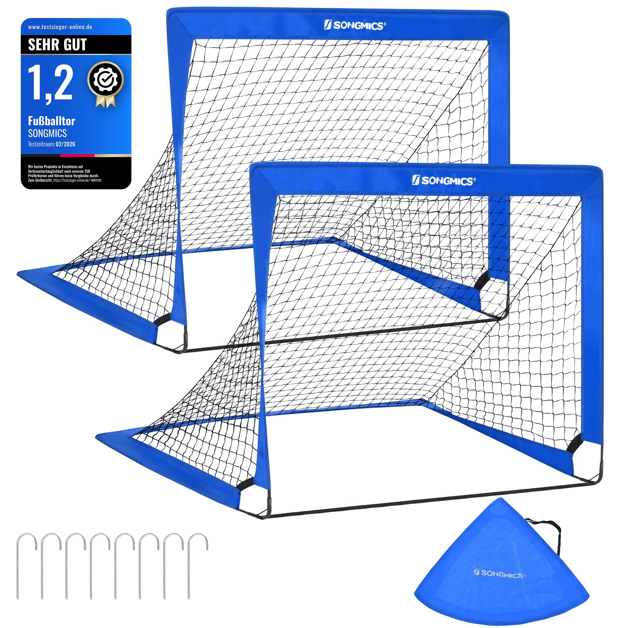 SONGMICS Fußballtor Kinder, 2er Set, Pop-up Tor, 90 x 120 x 90 cm, schneller Aufbau, für Garten, Park, Strand, Haltestangen aus Glasfaserstäben, Oxford-Gewebe und Polyesternetz