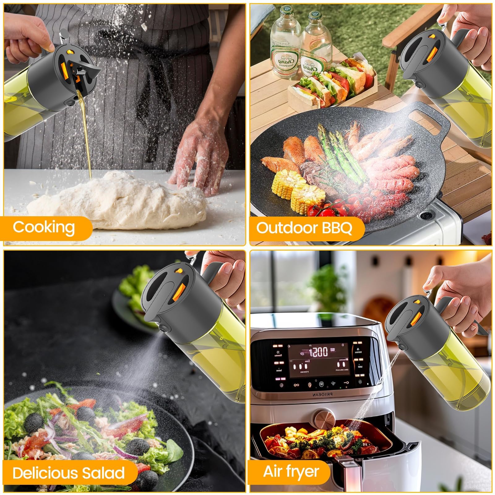 Pulverizador de aceite 2 en 1 de 500 ml para cocinar con calcomanías, botella dispensadora de aceite de oliva de vidrio para cocina, spray continuo con control de porciones, perfecto para freidora de
