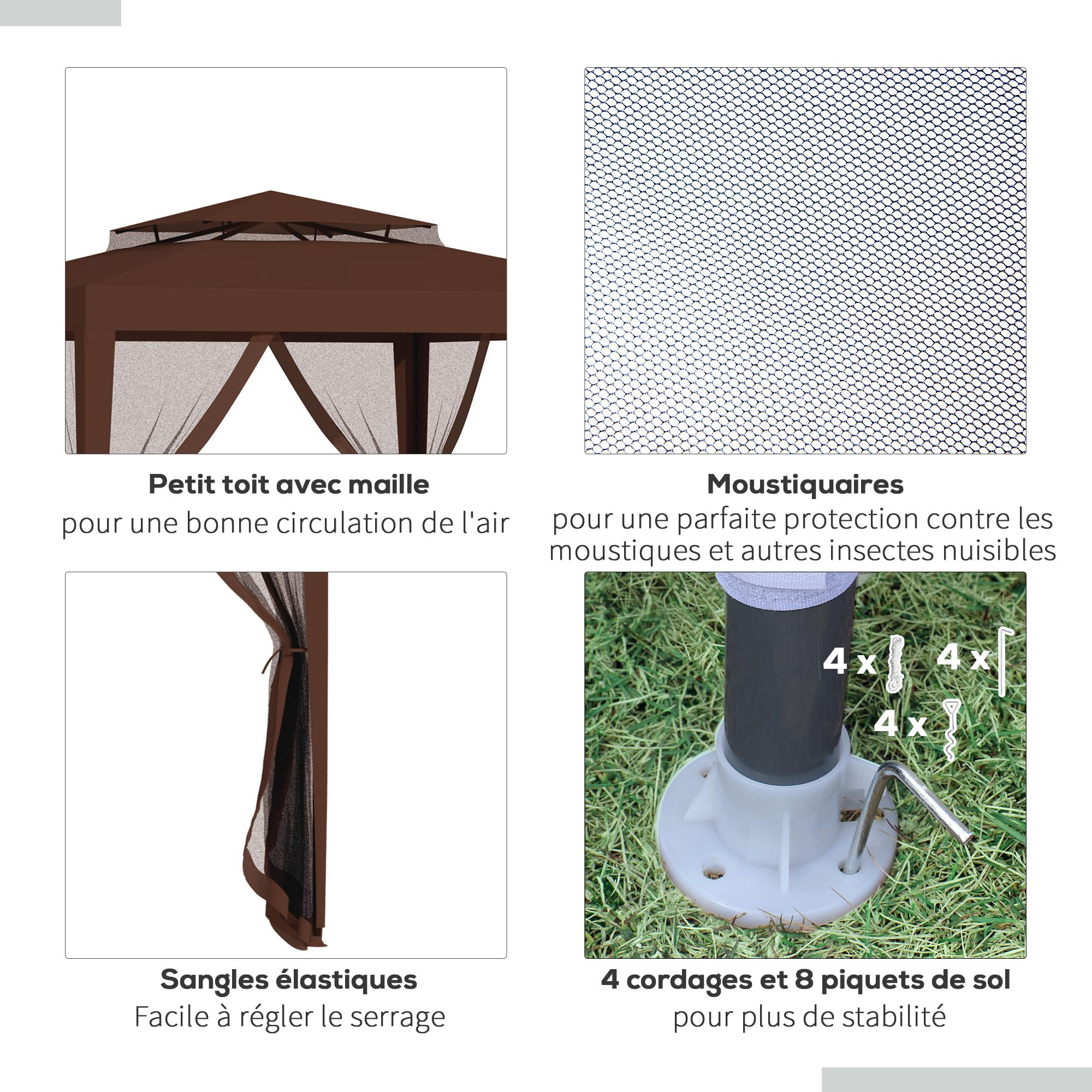 Outsunny Tonnelle Barnum de Jardin 3L x 3l m avec 4 moustiquaires Amovibles - Double Toit - Marron