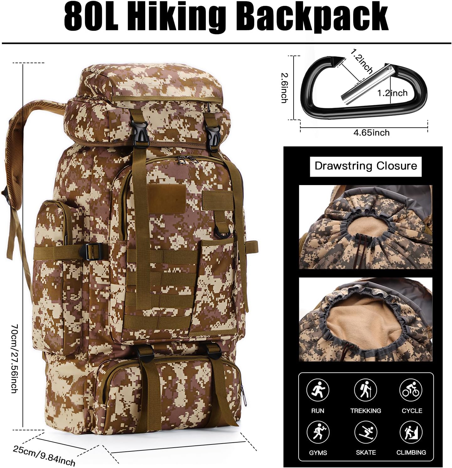 Hiking Backpack 80L with Carabiner Clips Packable Lightweight Camping Backpack Men Women Waterproof Hiking Daypack Travel Bag (Camo-B, 80L)
