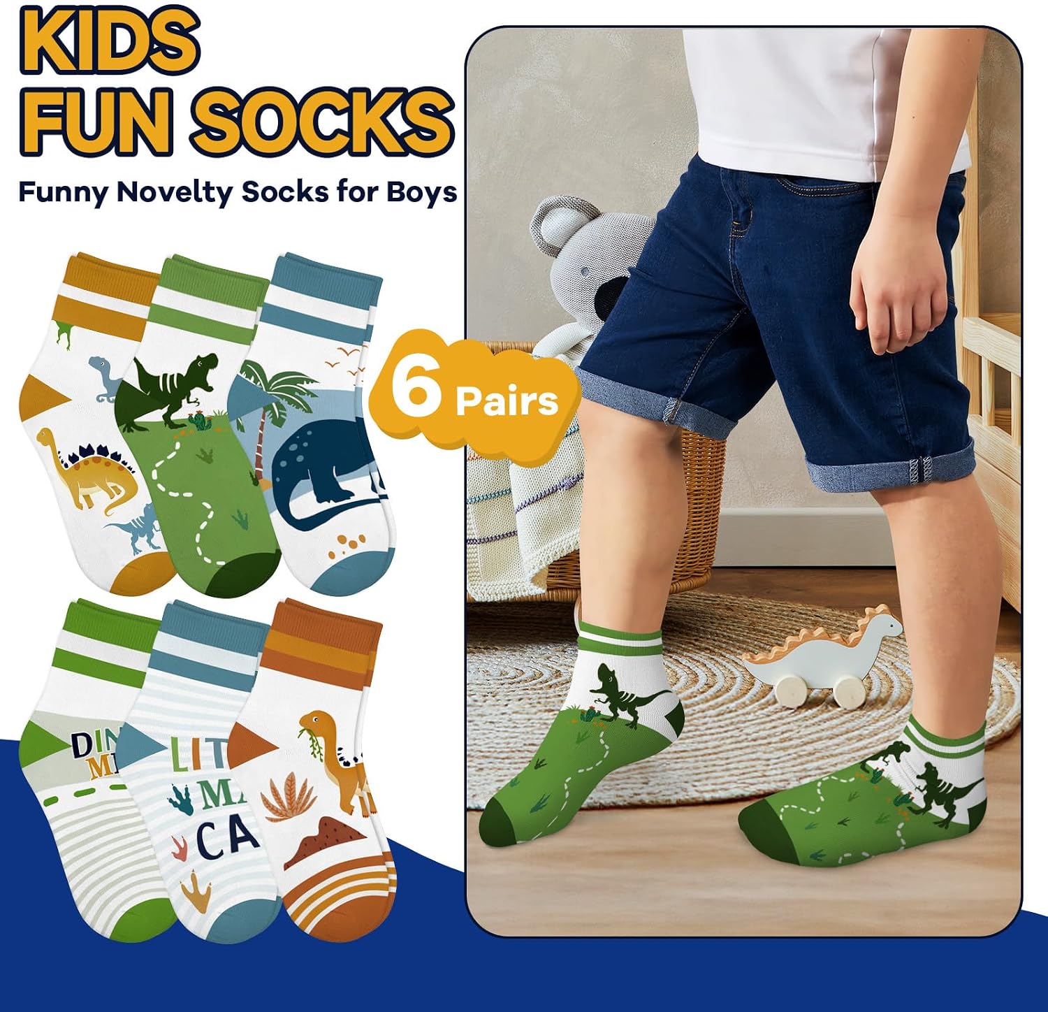 6 Pairs Kids Boys Ankle Socks Low Cut Cartoon Dinosaur Sunset Letters Breathable No Show Socks aged for 2-11 Years