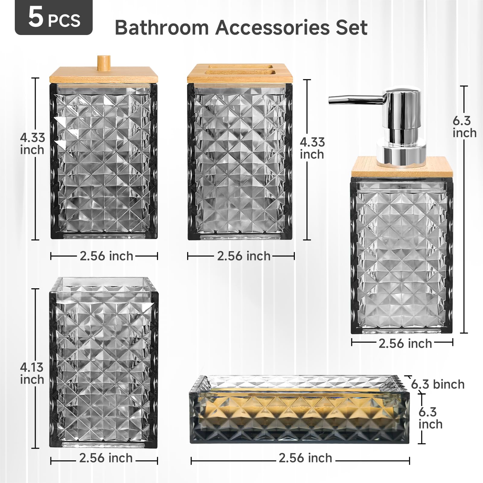 Seeatoo Grey Bathroom Accessory Set, 5 PCS Bathroom Accessories Sets Complete, Grey Bathroom Set Include Soap Dispenser, Toothbrush Holder, Soap Dish, Mouthwash Cup, Cotton Swab Jar