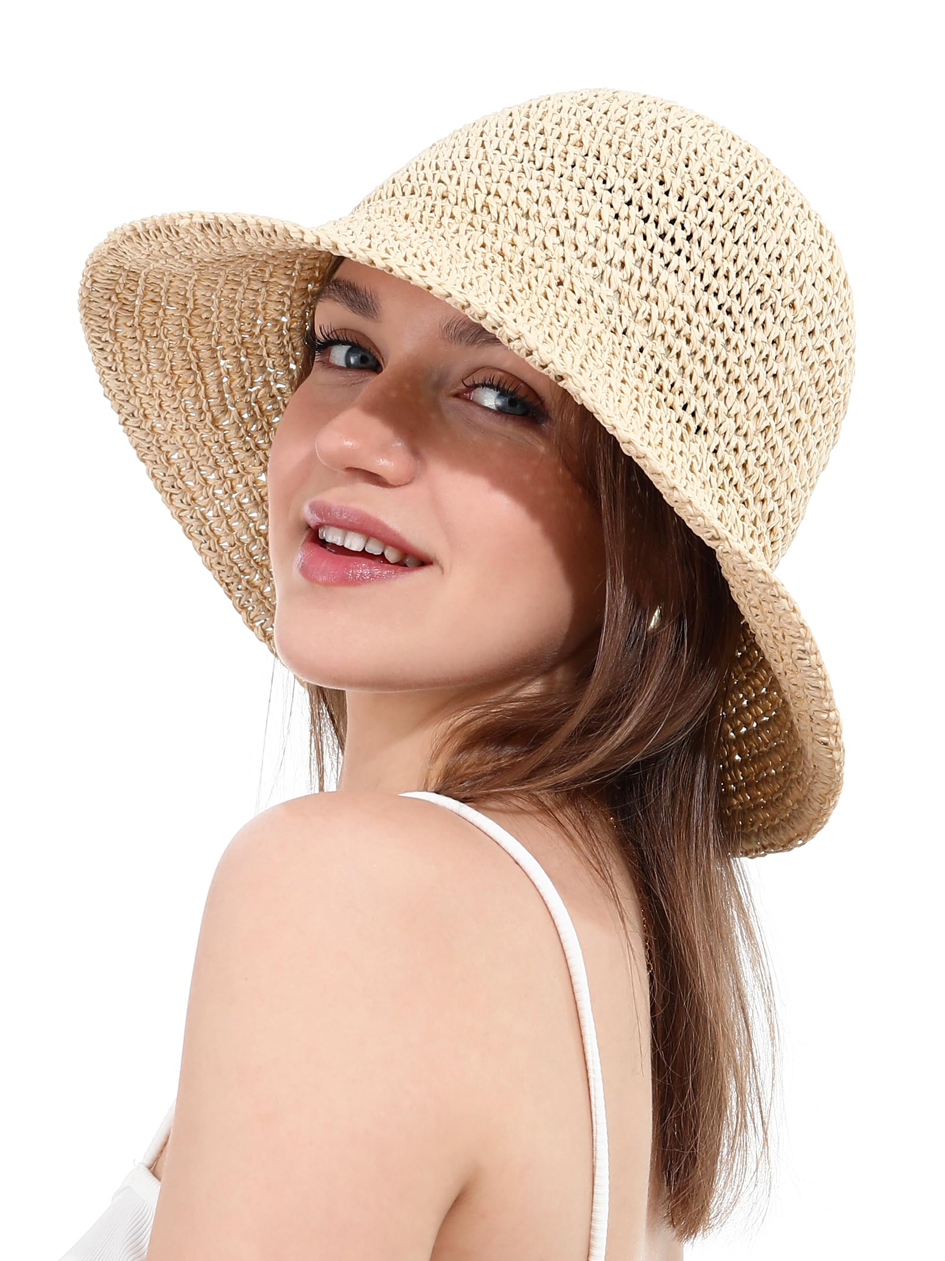 sy soul young Damen Strohhut Breitkrempe Handgewebt Faltbar Strandbucket Sommer UV-Schutz UPF50+ Reise