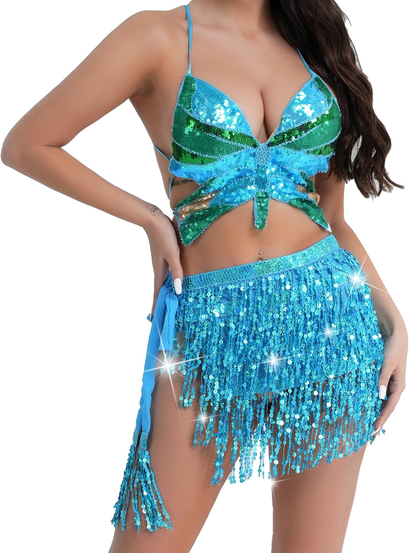 L04BABYBelly Dance Skirts Crop Top Set Sparkly Sequins Fringe Tassel Hip Mini Skirts Festival Rave Outfits for Women