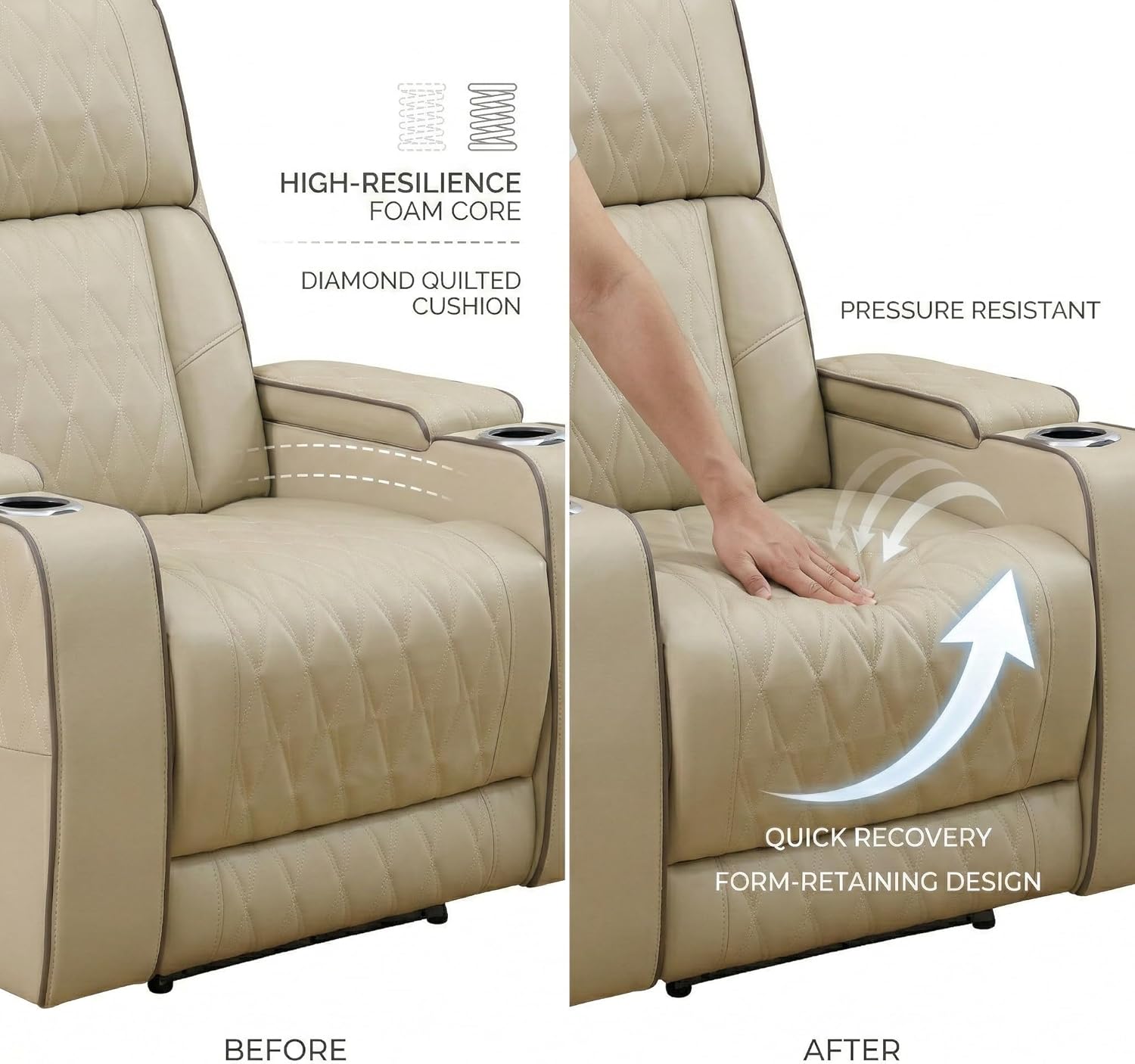 1Piece Power Recliner Loveseat Sofa,Luxury Home Theater Seating Couch,USB Ports,Cup Holder,Center Console with Flip Table,Premium Faux Leather for Living Room & Media Rooms Beige