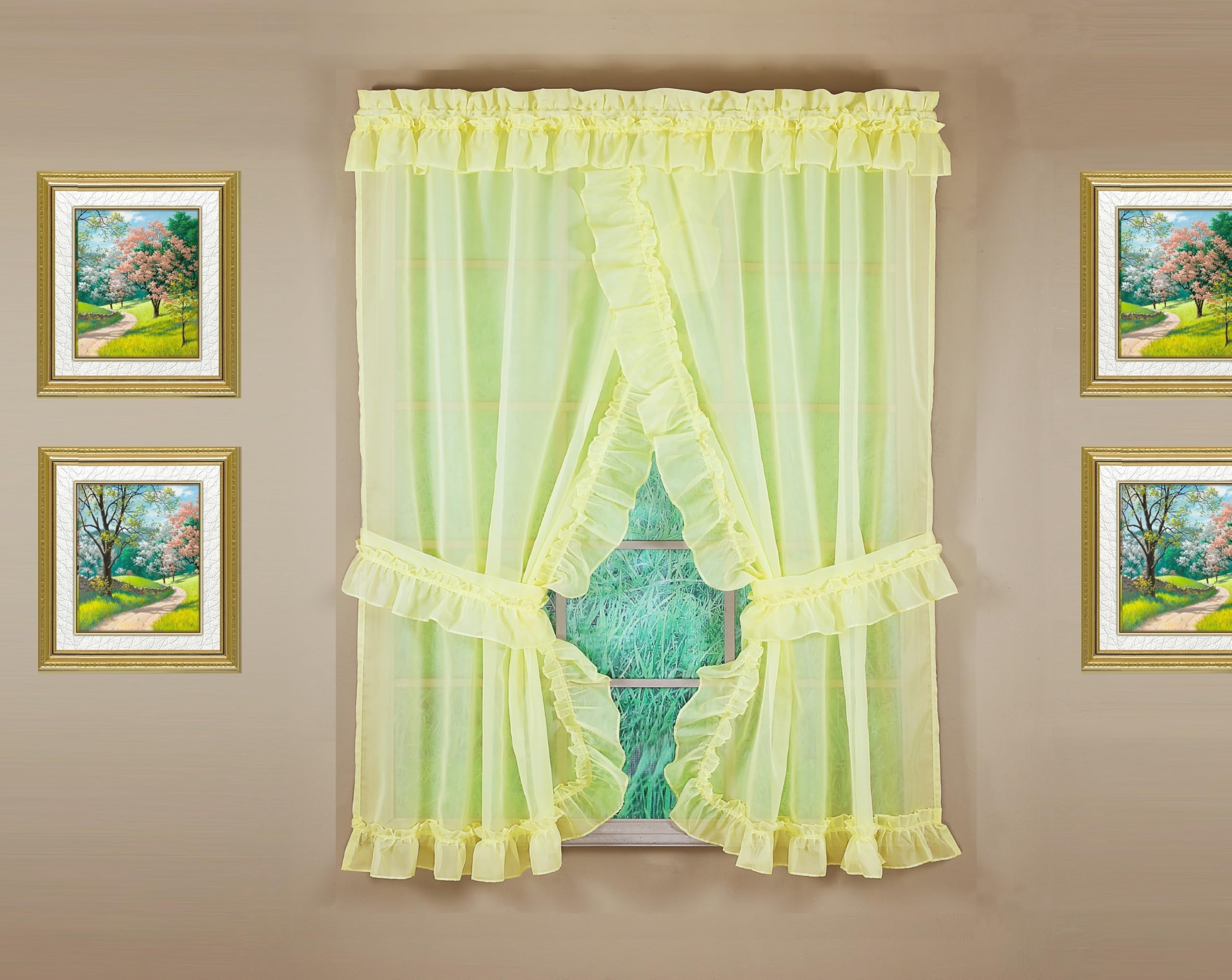Today's Curtain, Emelia Priscilla Sheer Pair 60" W x 63" L, Yellow, 5-Piece-Set