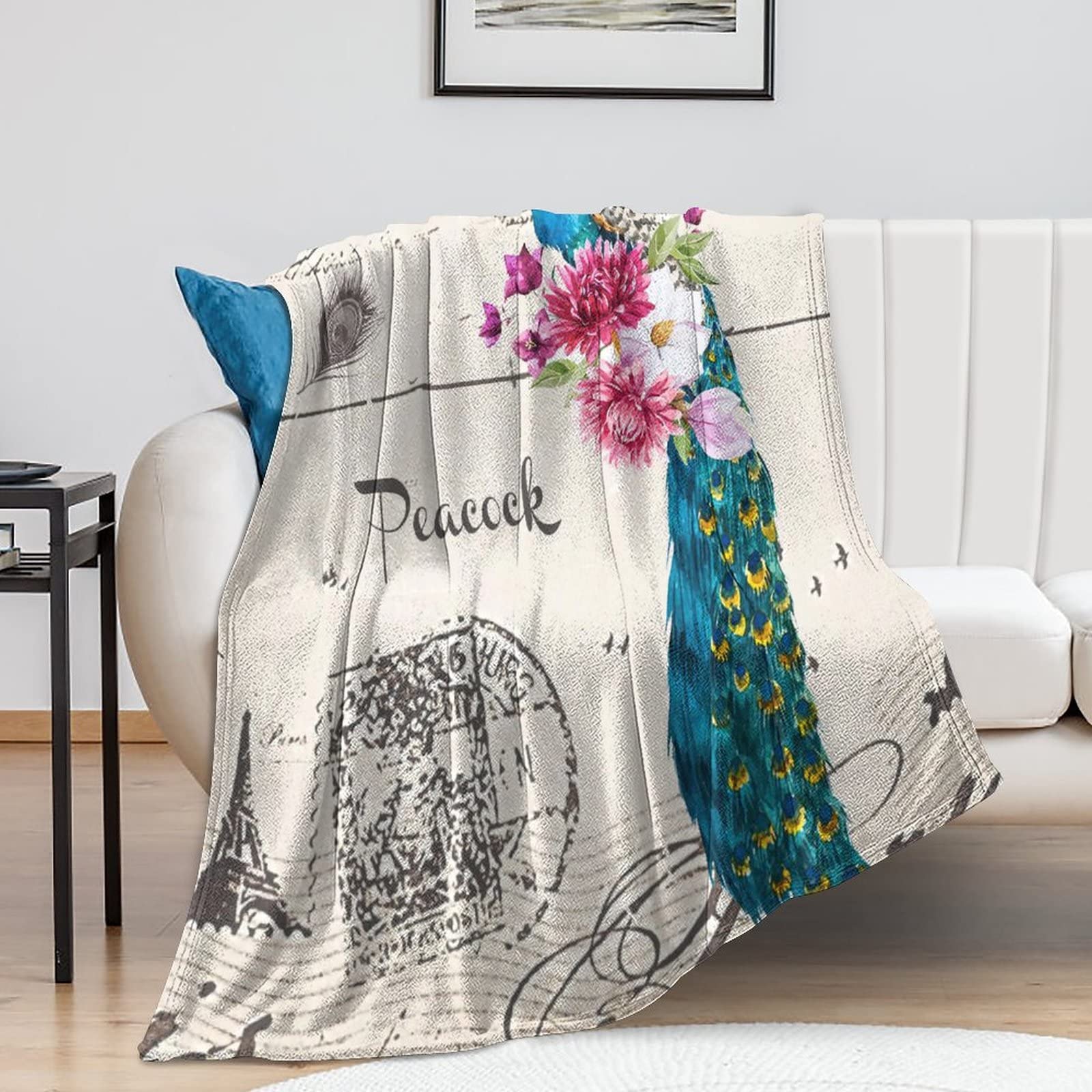 Couverture paon sauvage 152x203cm douce et rustique pour canapé