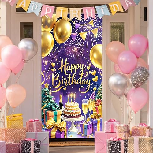 BlissYard Birthday Door Cover 35x71 Inch Purple Gold Crown Party Decor