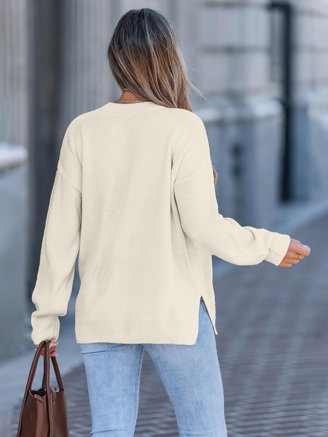 SunnyMelody Womens Oversized Pocket Sweater Fall 2025 Trendy Ribbed Knit Crew Neck Long Sleeve Side Slit Pullover Tops - Image 3