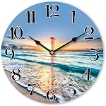 VIKMARI 14in Silent en bois Pendentif Sunset Beach Batterie Horloge murale de la batterie de l'horloge , non-cliquetant Quartz Facile à lire ronde arabe chiffres Ocean Bridge Horloge nautique décorative pour la cuisine, chambre, bureau