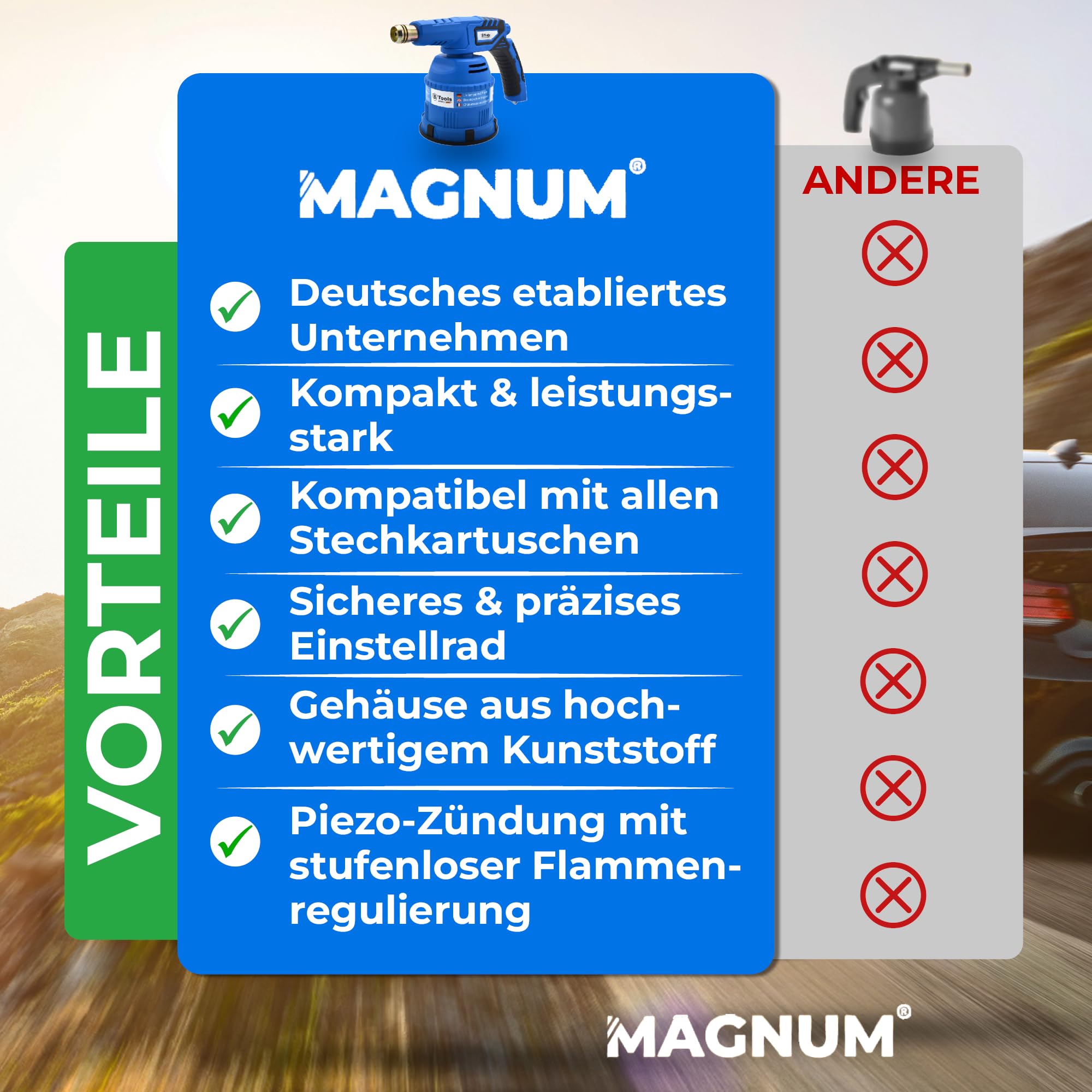MAGNUM® Lötbrenner [1200°C] – Gasbrenner mit Piezo Zündung und Feinregulierventil – Bunsenbrenner für Löten Auftauen Unkraut entfernen und vieles mehr (4x Gartuschen 190 g)