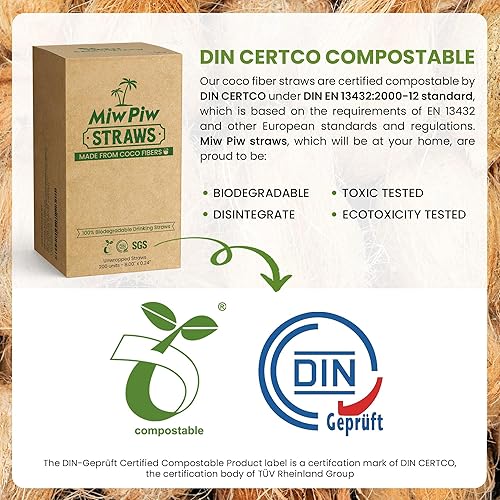 Miniatura 4 de Juego de 200 pajitas de coco biodegradables, desechables, sin plástico, ecológicas de fibra de coco a granel para bebidas frías y calientes,