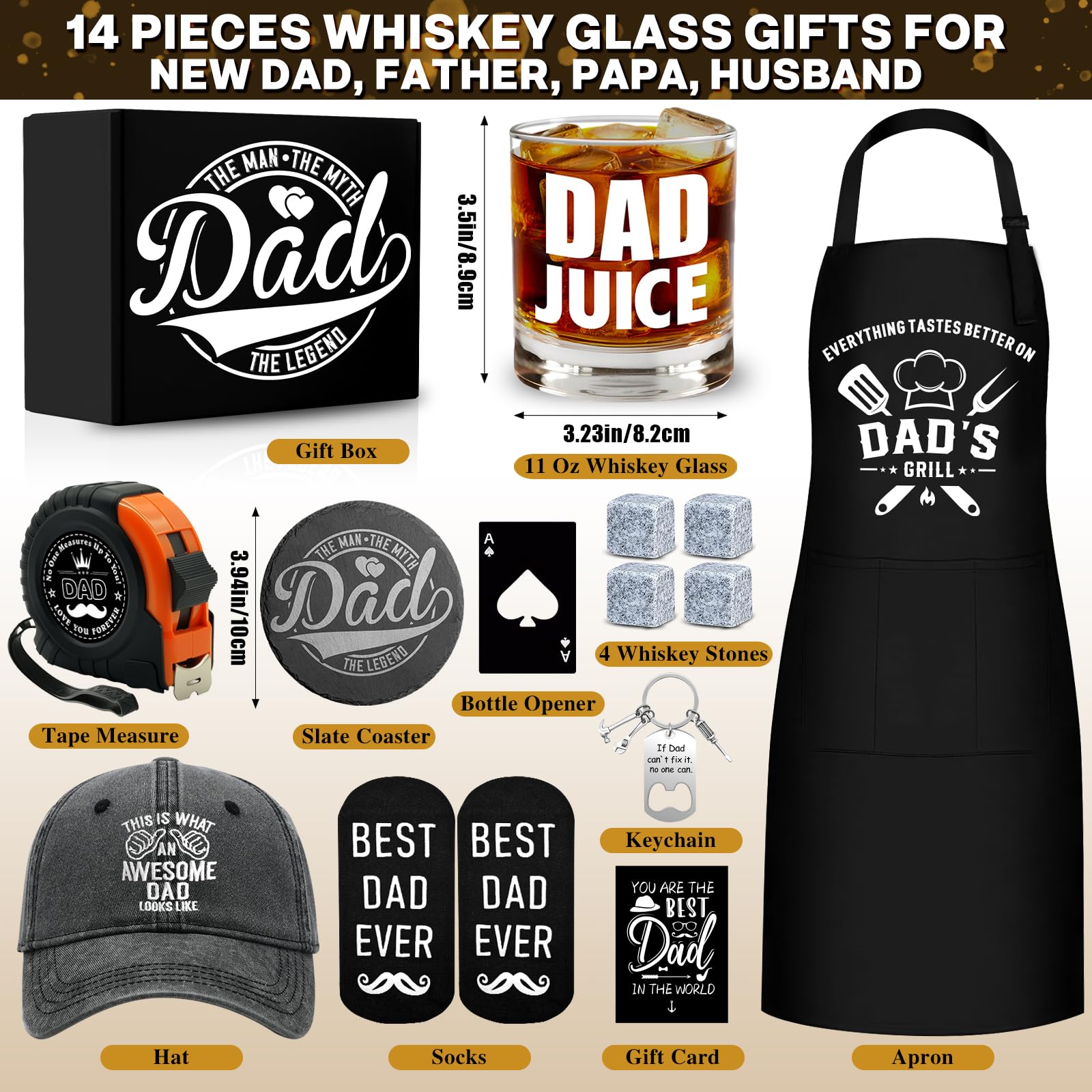 14 Pcs Dad Gifts, Unique Best Father Ever Gift with 11 Oz Dad Juice Whiskey Glass 4 Whiskey Stones Coaster Apron Hat Sock Tape Measure Keychain, Birthday Father's Day Christmas Gift for Papa, Husband