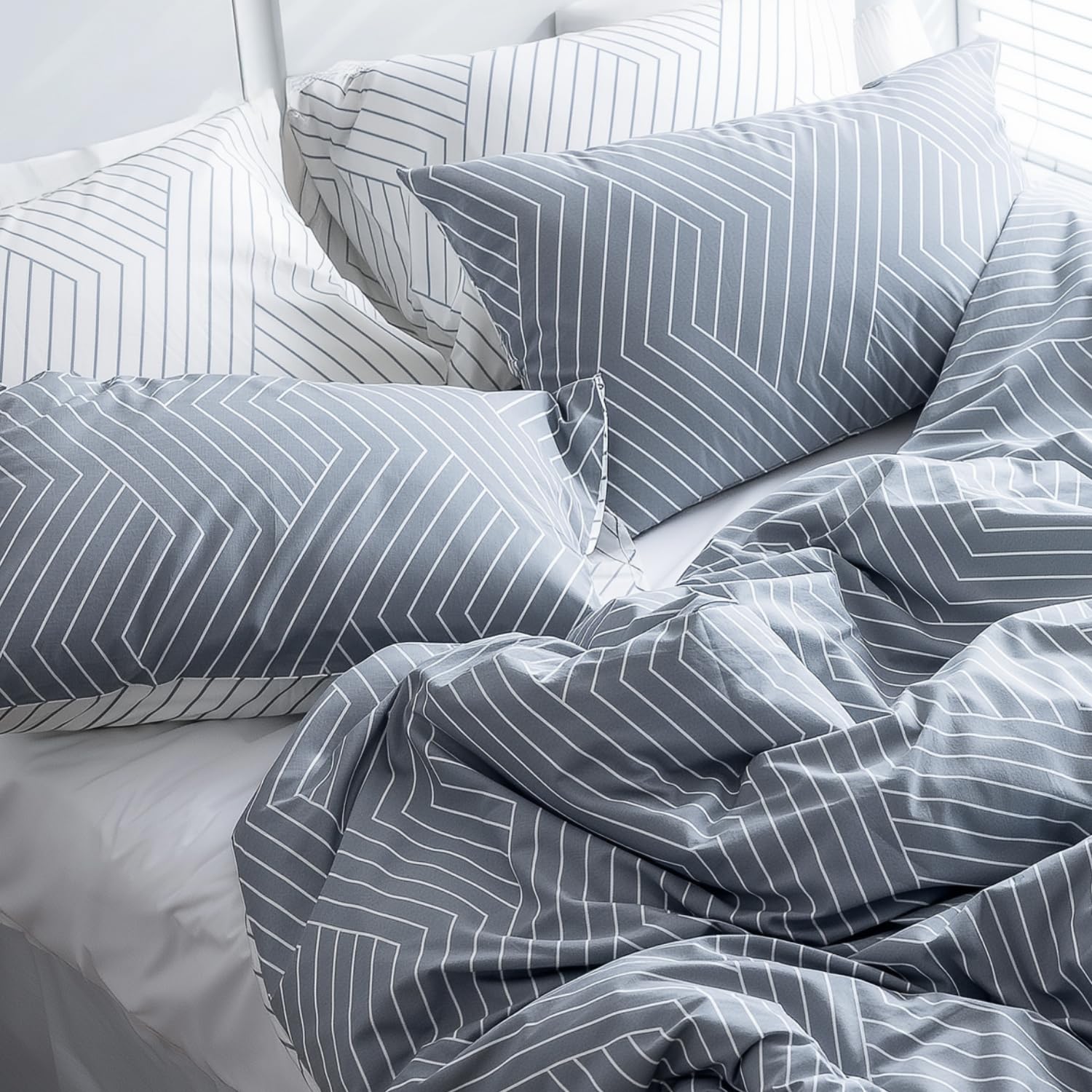 Leruum Grey Cotton Pillowcases Pack Of 2 Striped Light White Pattern Pillow Cover 2*(50X75) (50X75 )
