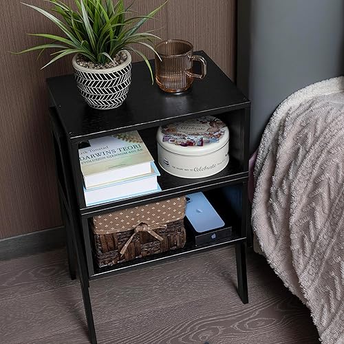 Miniatura 4 de Forevich Juego de 2 mesas auxiliares de bambú para dormitorio, sala de estar, mesas auxiliares apilables con estante de almacenamiento abierto para