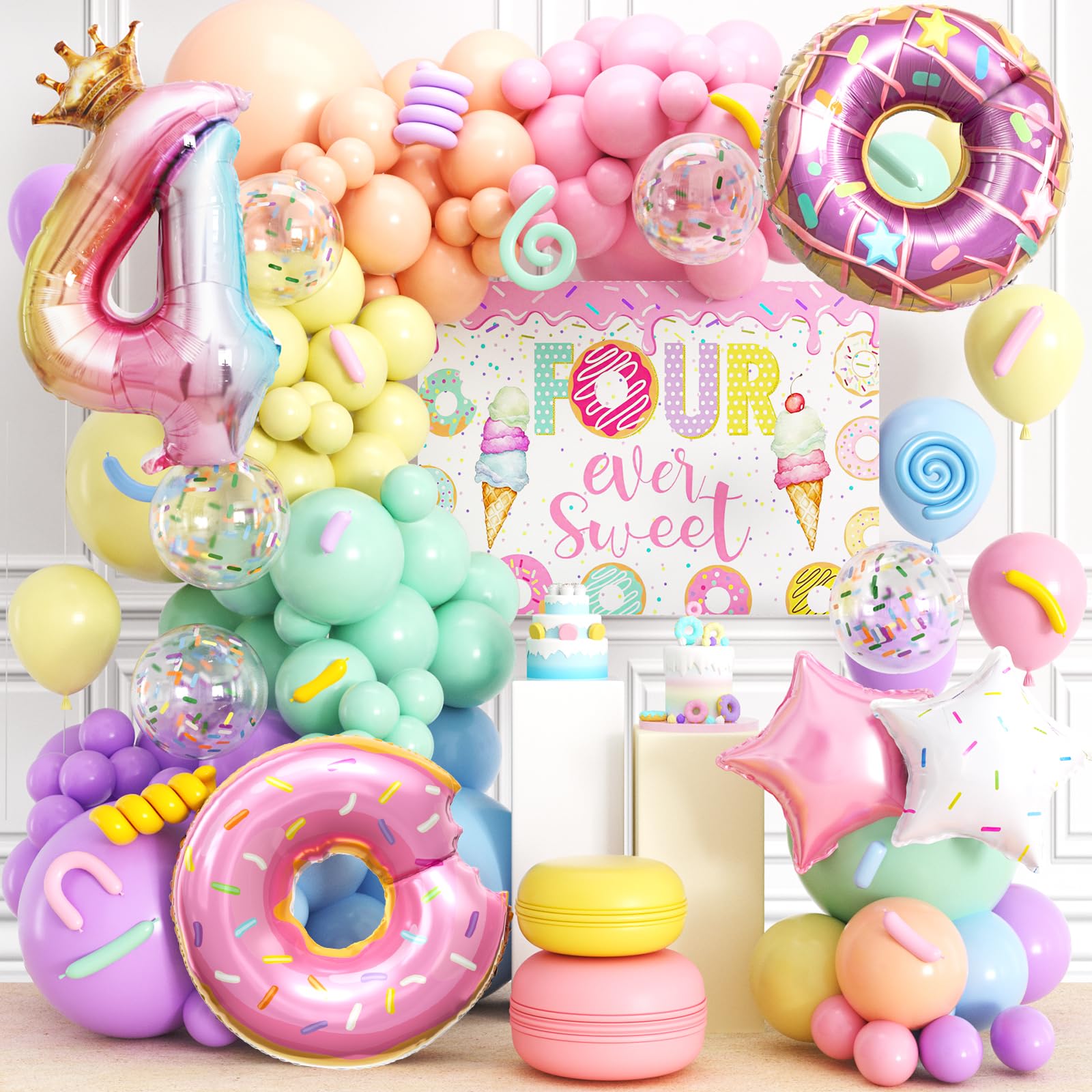 Photo 1 of 178pcs Four Ever Sweet Birthday Decorations Girl Donut 4th Birthday Decorations, 28" Donut Balloons Backdrop Pastel Rainbow Balloon Arch Kit, Kids Ice Cream Candy Rainbow Theme Party Decor Supplies