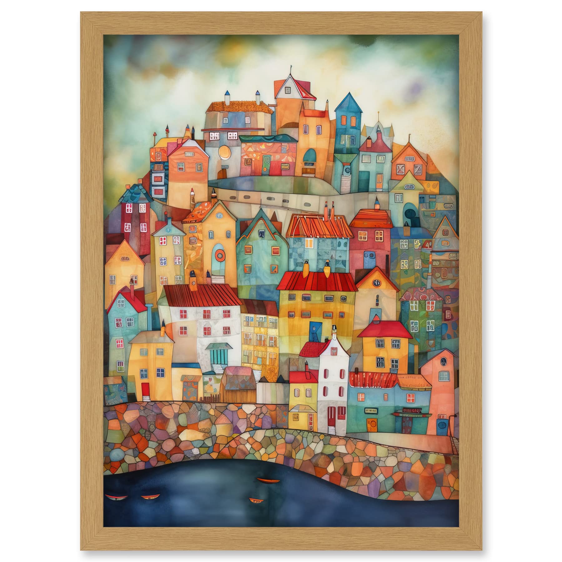 Artery8 Home By The Sea Folk Art Artwork Framed A3 Wall Art Print