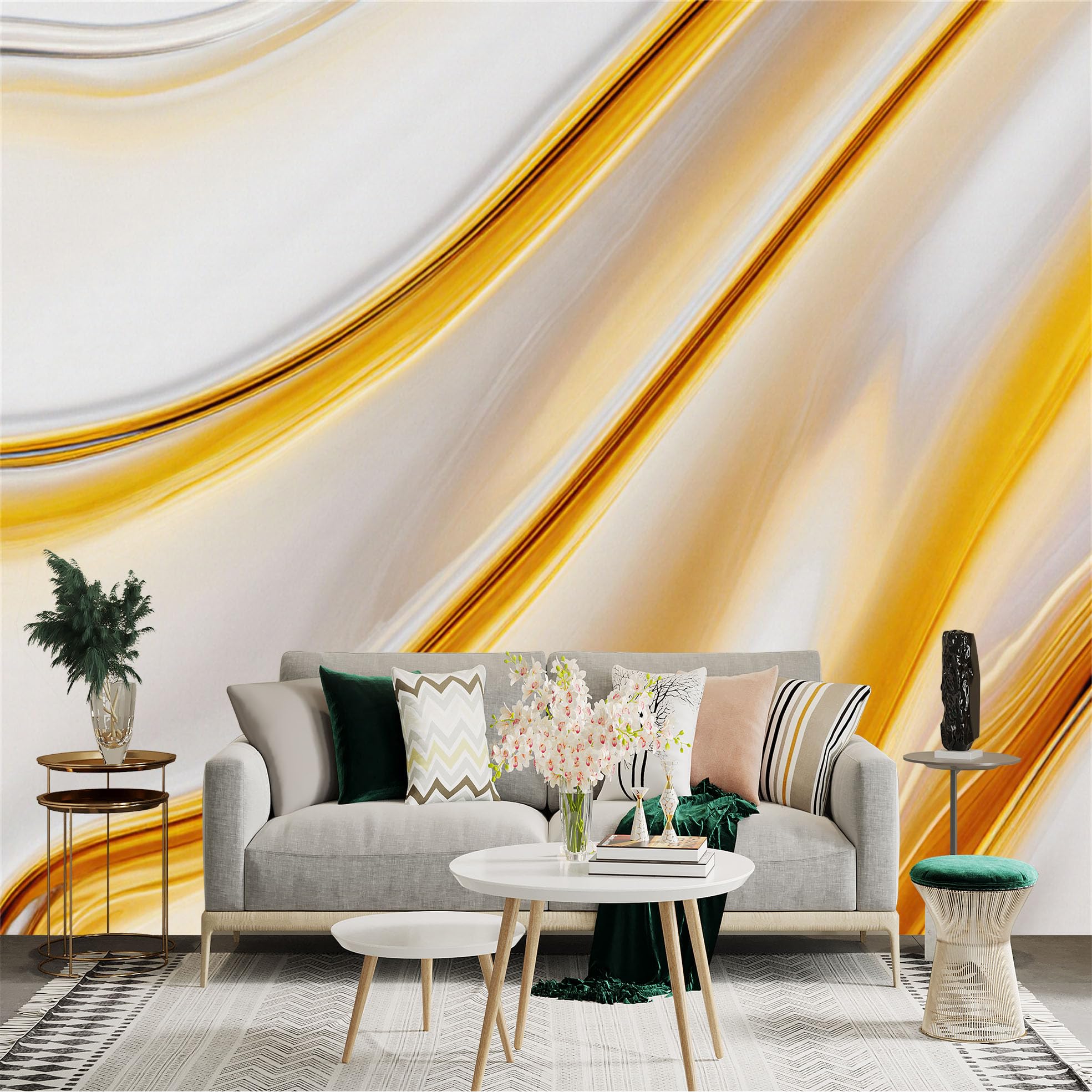 Custom Size Wall Sticker Mural， Modern Abstract Golden Fluid Waves， Luxury Marble Texture， Elegant Liquid Art， for wall Decoration， peelandstick wall Decals.