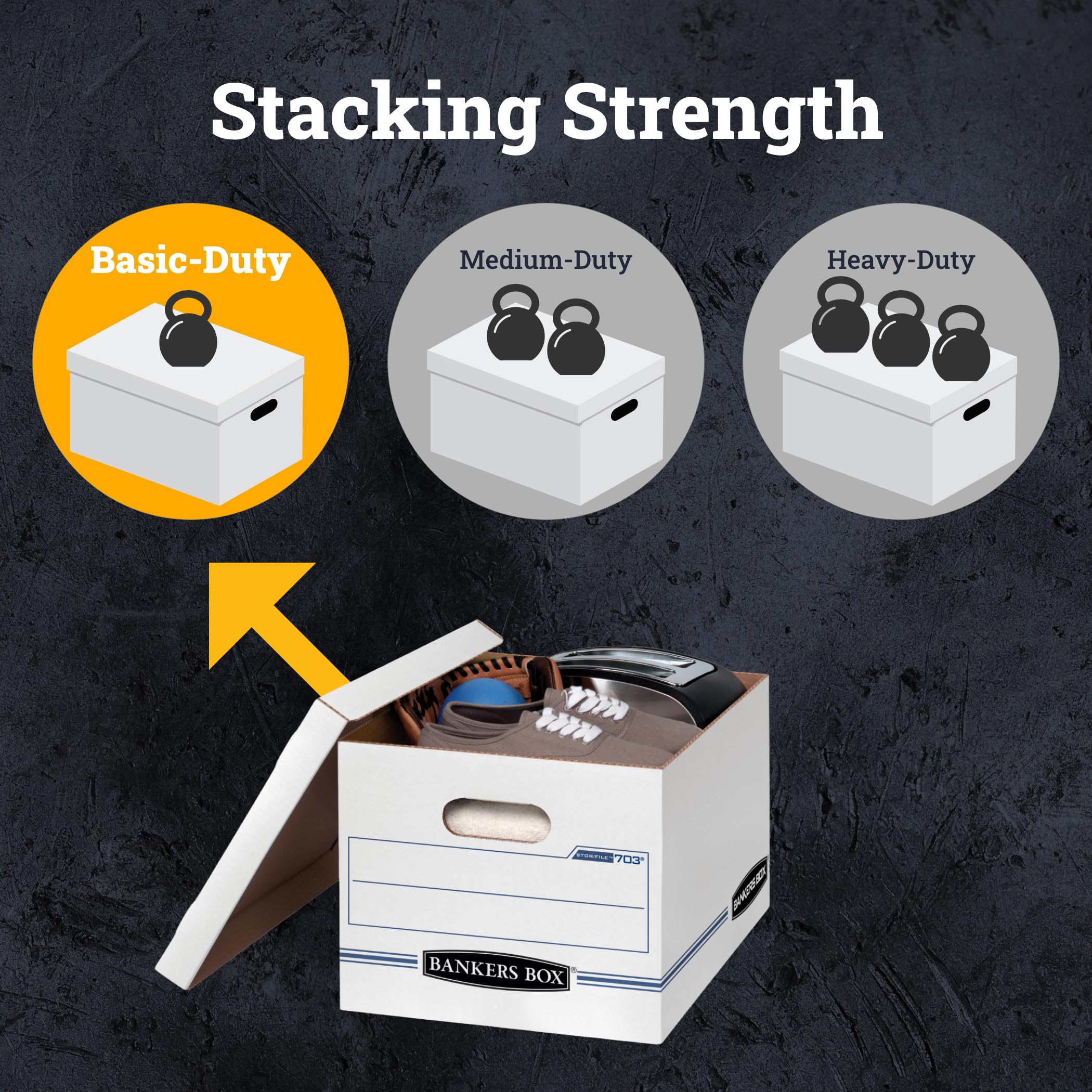 Bankers Box, STOR/FILE, Confezione da 12 scatole portaoggetti per documenti, montaggio standard, coperchio sollevabile, lettera/legale, bianco/blu