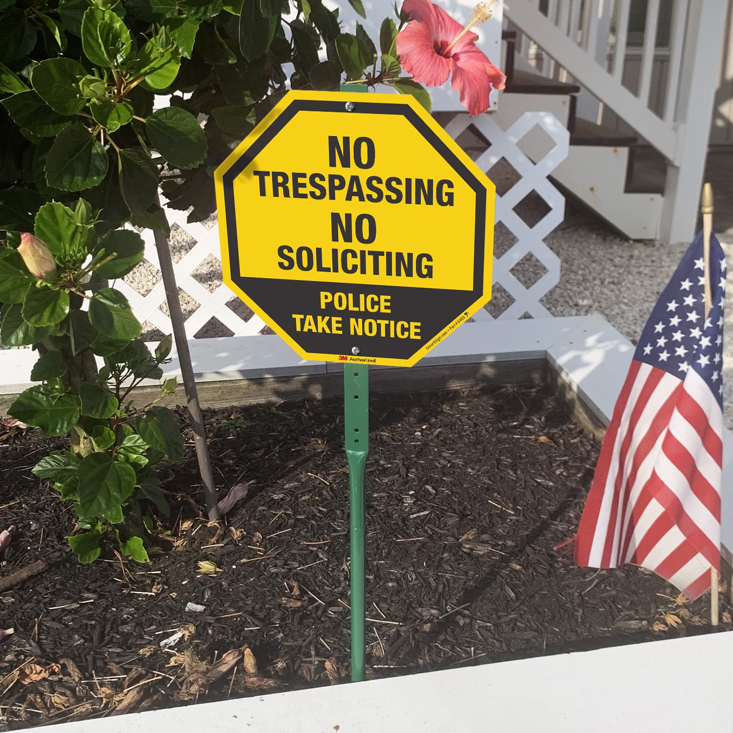 SmartSign 10 x 10 inch “No Trespassing, No Soliciting - Police Take Notice� Octagon Yard Sign with 3 foot Stake, 40 mil Aluminum 3M Laminated Engineer Grade Reflective, Black and Yellow, Set of 1