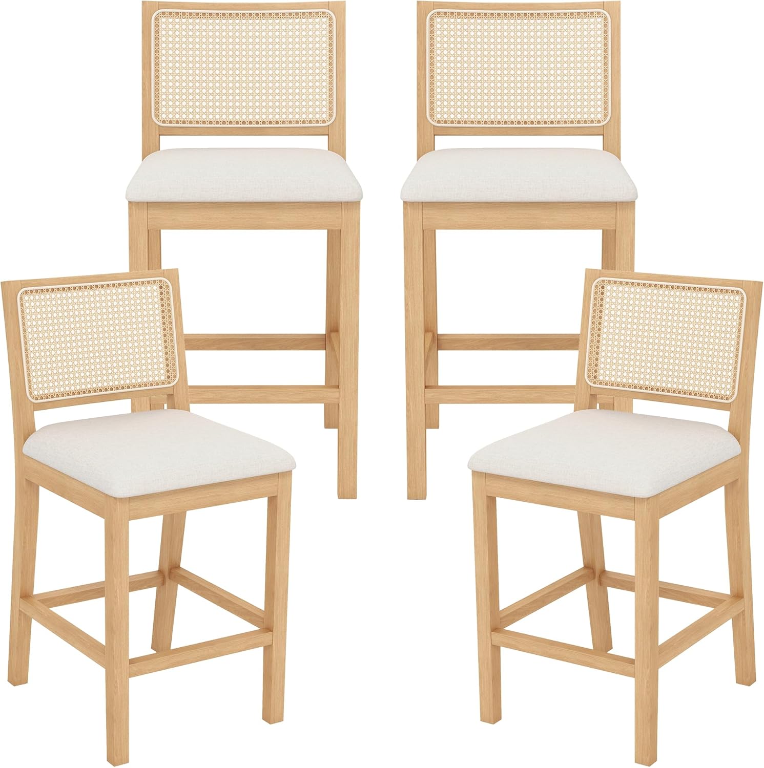 Westice Rattan Bar Stools Set of 4, 26" Farmhouse Counter Height Stools with Natural Rattan Back and Wood Frame, Upholstered Line Fabric Seat Cushion, Wooden Stools for Kitchen Island/Pub, Natural