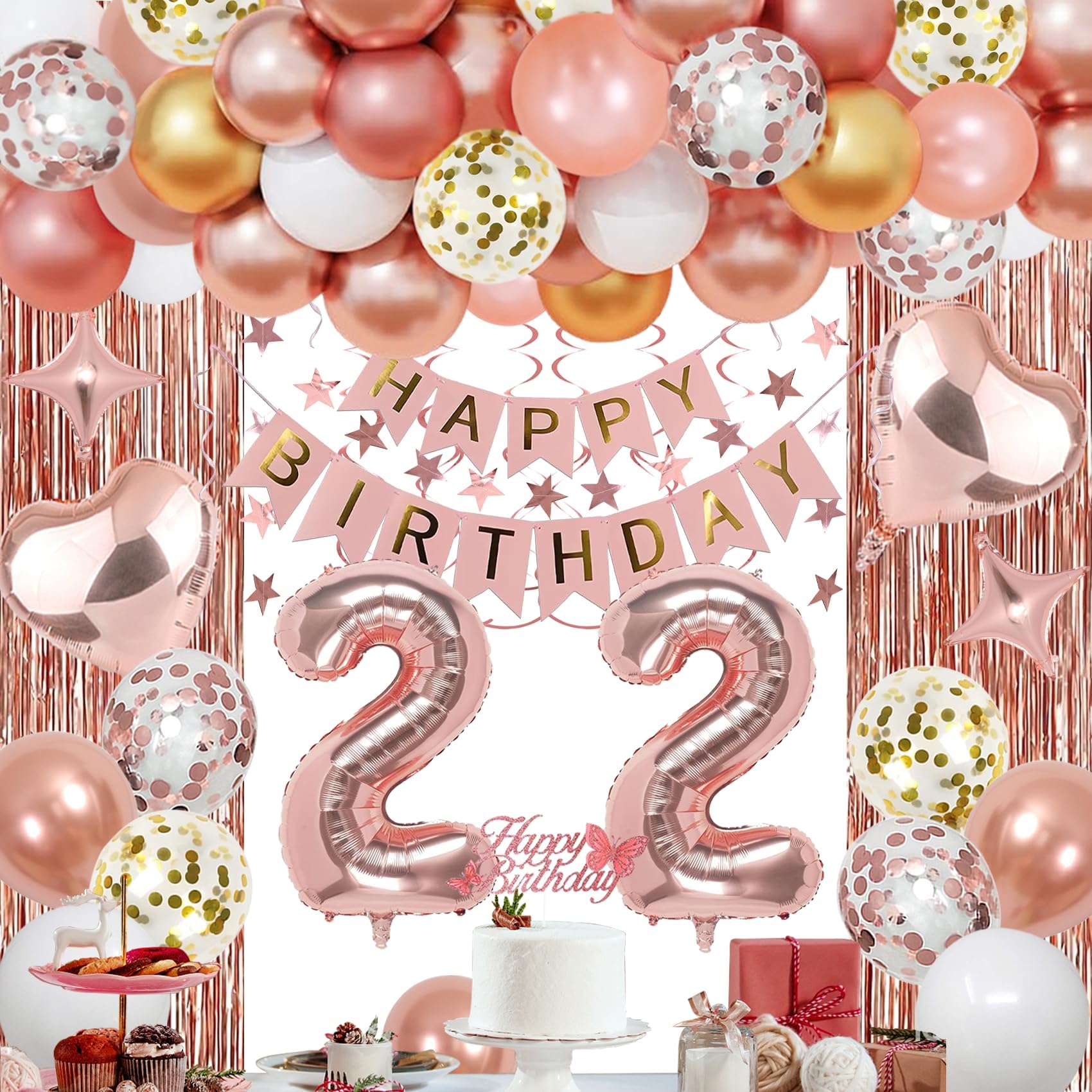 NANINUNENO 22nd Rose Gold Birthday Party Decorations for Women, Rose Gold Happy Birthday Banner, Fringe Curtains, Heart Foil Balloons, Confetti