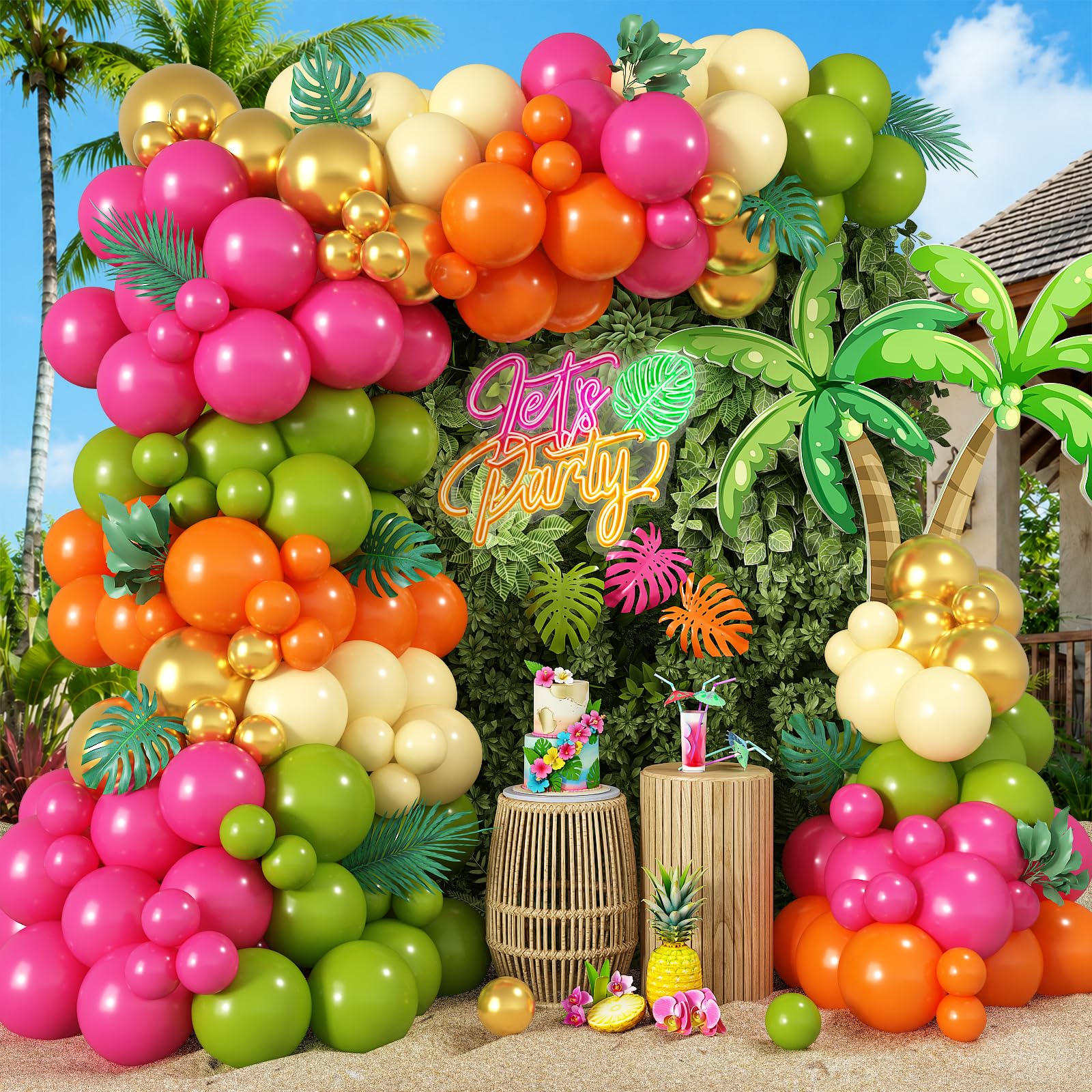 Tropical Hawaiian Balloons Arch Garland Kit, Olive Green Hot Pink Orange Yellow Metallic Gold Balloons for Kids Hawaii Summer Beach Luau Aloha Pool Birthday Flamingo Theme Baby Shower Party Decoration