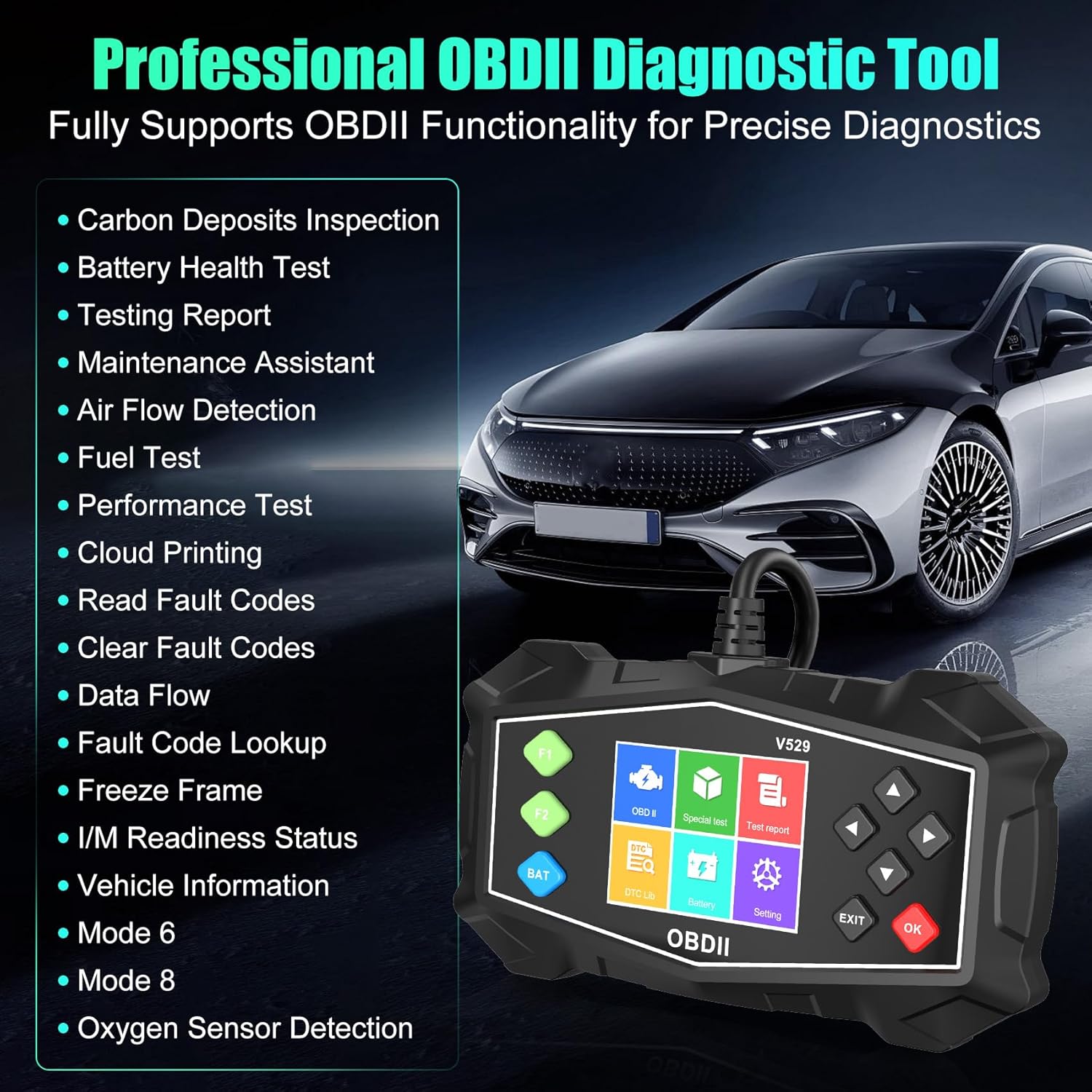 OBD2 Scanner Diagnostic Tool, Professional Automotive Scanner with Battery Test, Check Engine Light Code Reader, Data Stream, I/M Readiness, Modes 6 & 8, for All OBD II Vehicles Since 1996