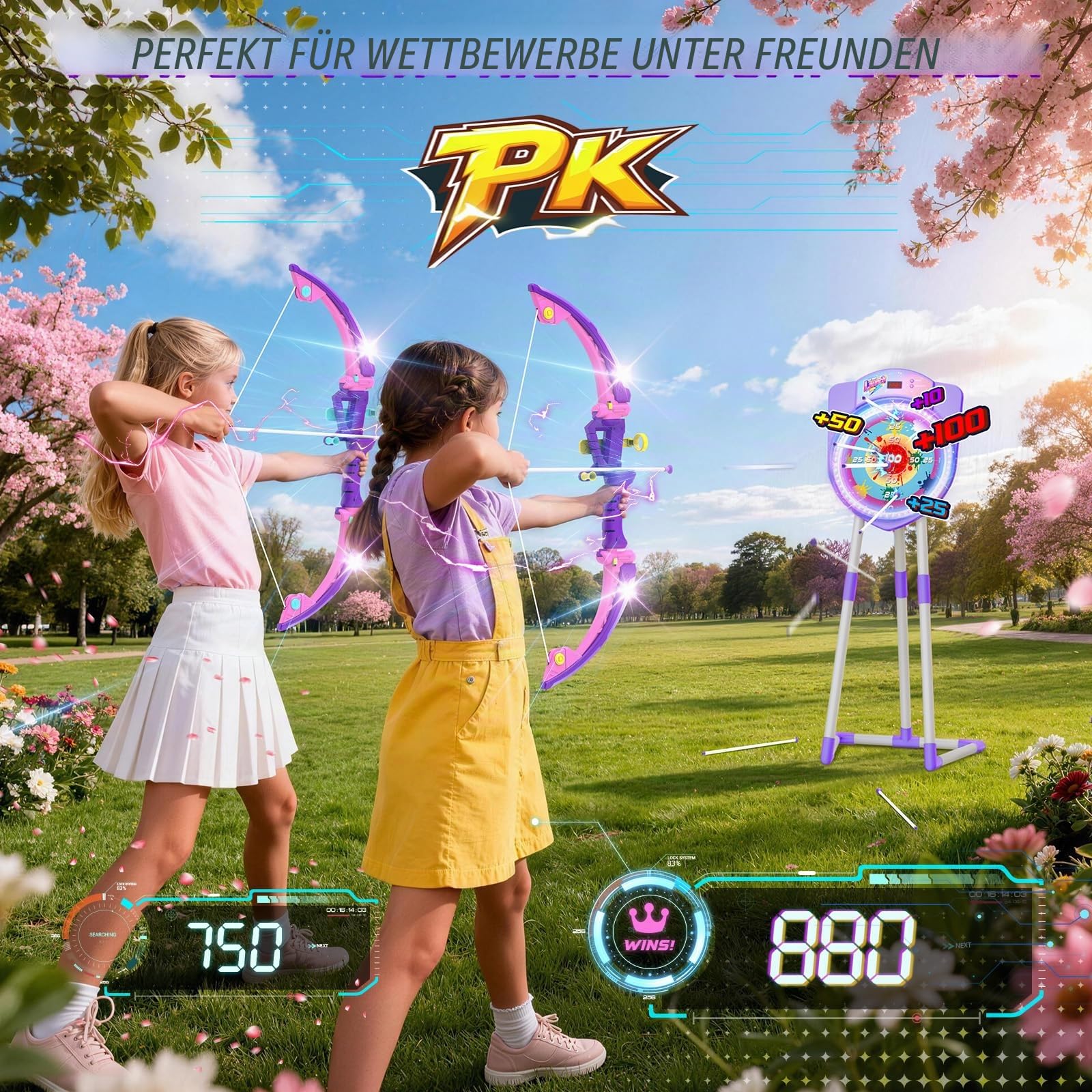 VATOS 2 Pack LED Bow and Arrow for Kids with Auto Scoring, Light Up Archery Set with 10 Suction Cup Arrows, 2 Quivers, LED Archery Target, Indoor Outdoor Backyard Toy Gift