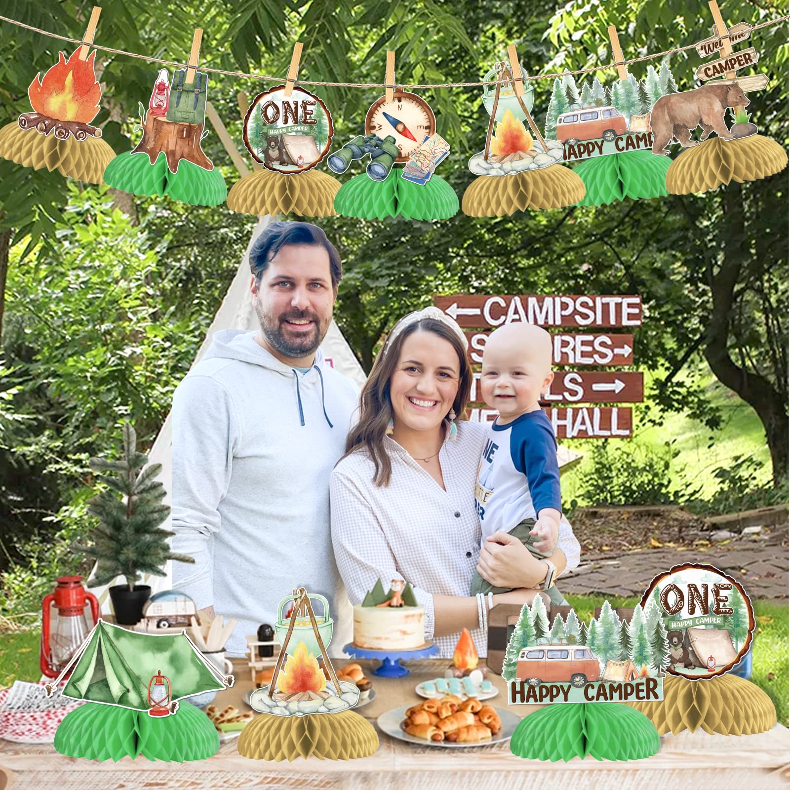 9 Piece Happy Camping Honeycomb Centerpieces Set - 3D Table Toppers For Camping Theme Party, Birthday, Kids Decor (5.9-6.5 Inch)